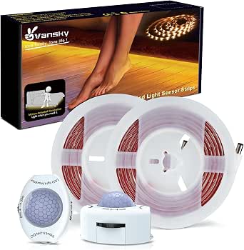 Vansky Motion Activated Bed Light, Flexible LED Strip Night Light with Automatic Shut Off Timer (Warm Soft Glow) - Dual Light Strips Kit