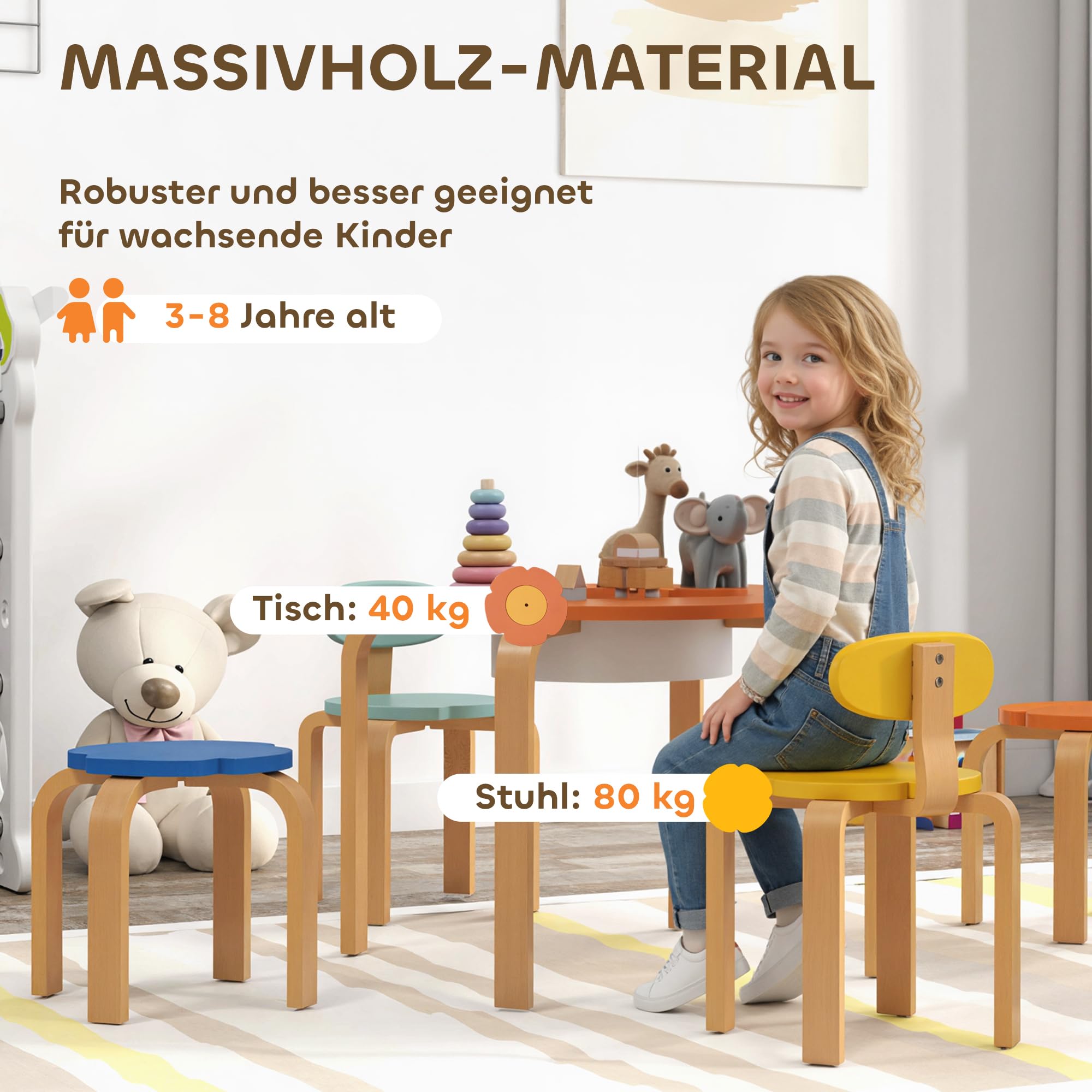 AIYAPLAY Kindersitzgruppe Kindertisch mit Stauraum 5-Teilig Holz Bunt