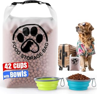 42 Cups Pet Food Storage Bag with 2PCS Collapsible Bowls for Travel - Transparent Leak-Proof Dog Food Container with Roll-Top Closure, Keeps Kibble Fresh for Camping Trip, Dog Boarding