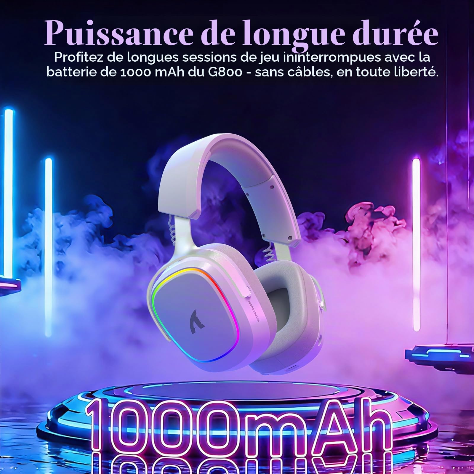 ATTACK SHARK G800 Casque Gaming sans Fil,1000 mAh, Microphone Détachable, Structure en Alliage d’Aluminium, 20 ms, Haut-parleurs 50 mm, 3 Modes (2.4G/BT/Filaire) pour PC/PS/Téléphone (Blanc)