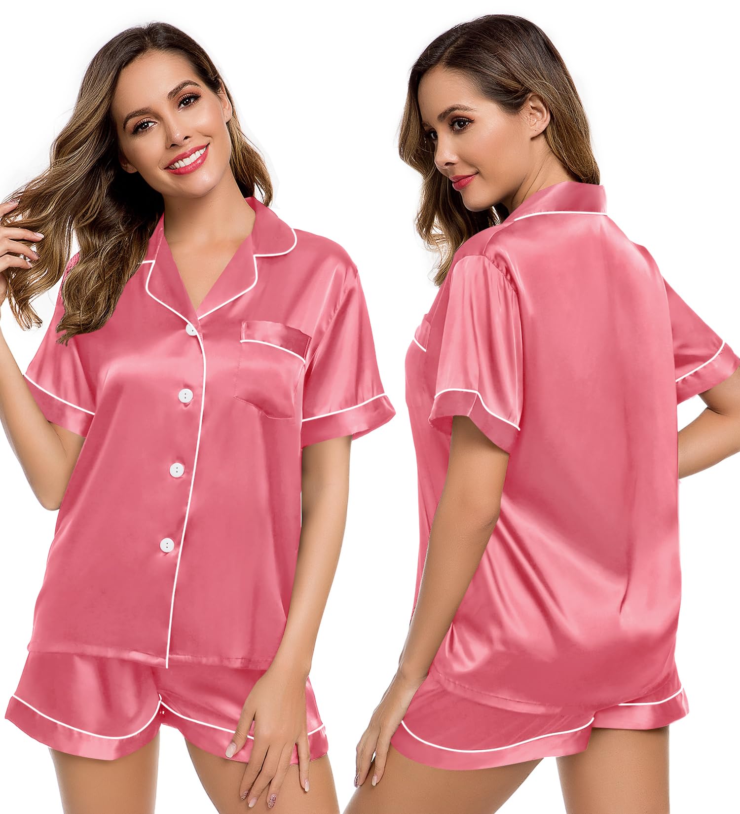 LecGee Womens Silk Satin Pajamas Short Sleeve Loungewear Two-Piece Sleepwear Button-Down Pj Set