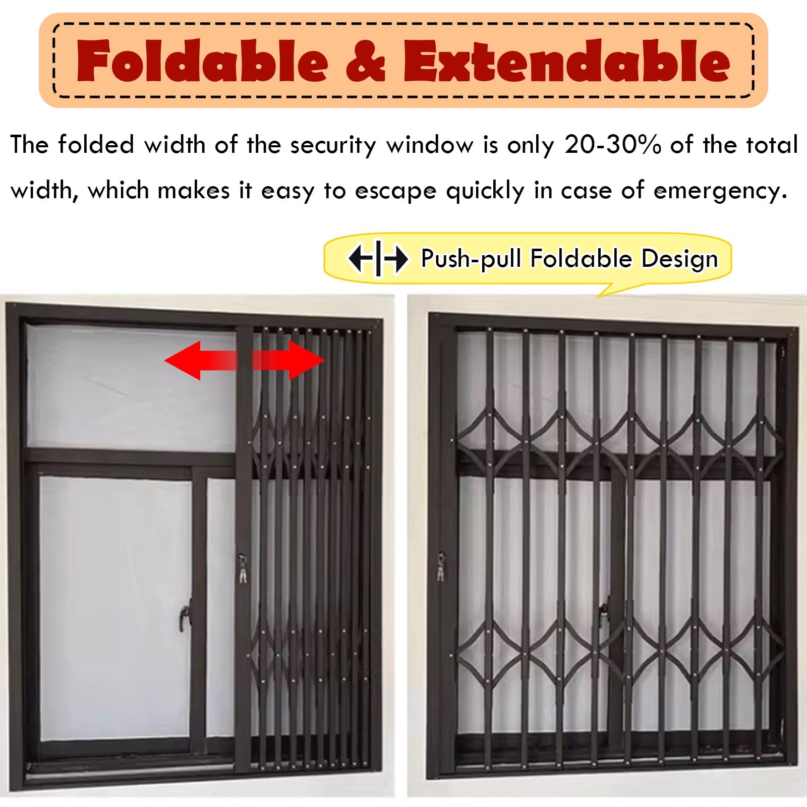 Barra de seguridad para ventanas correderas horizontales, protector de seguridad plegable con cerradura y llave, uso doméstico o comercial