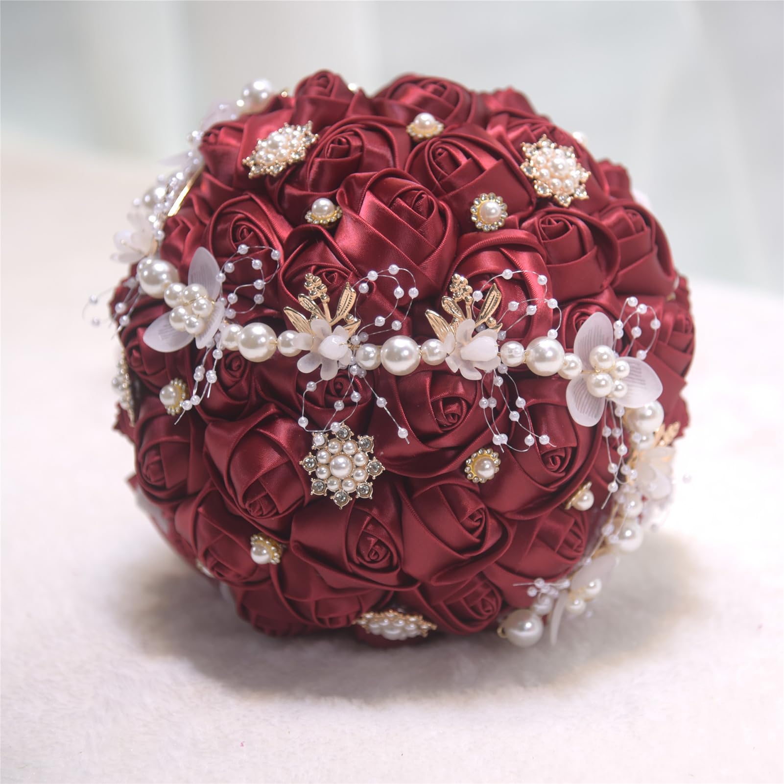 Bouquet da Sposa con Fiori Artificiali, Realizzato a Mano con Strass, Perle, Nastro, Raso, Rose, Bouquet Rotondo di Rose di Seta, Bouquet da Damigella d'Onore, Decorazione per Matrimonio.