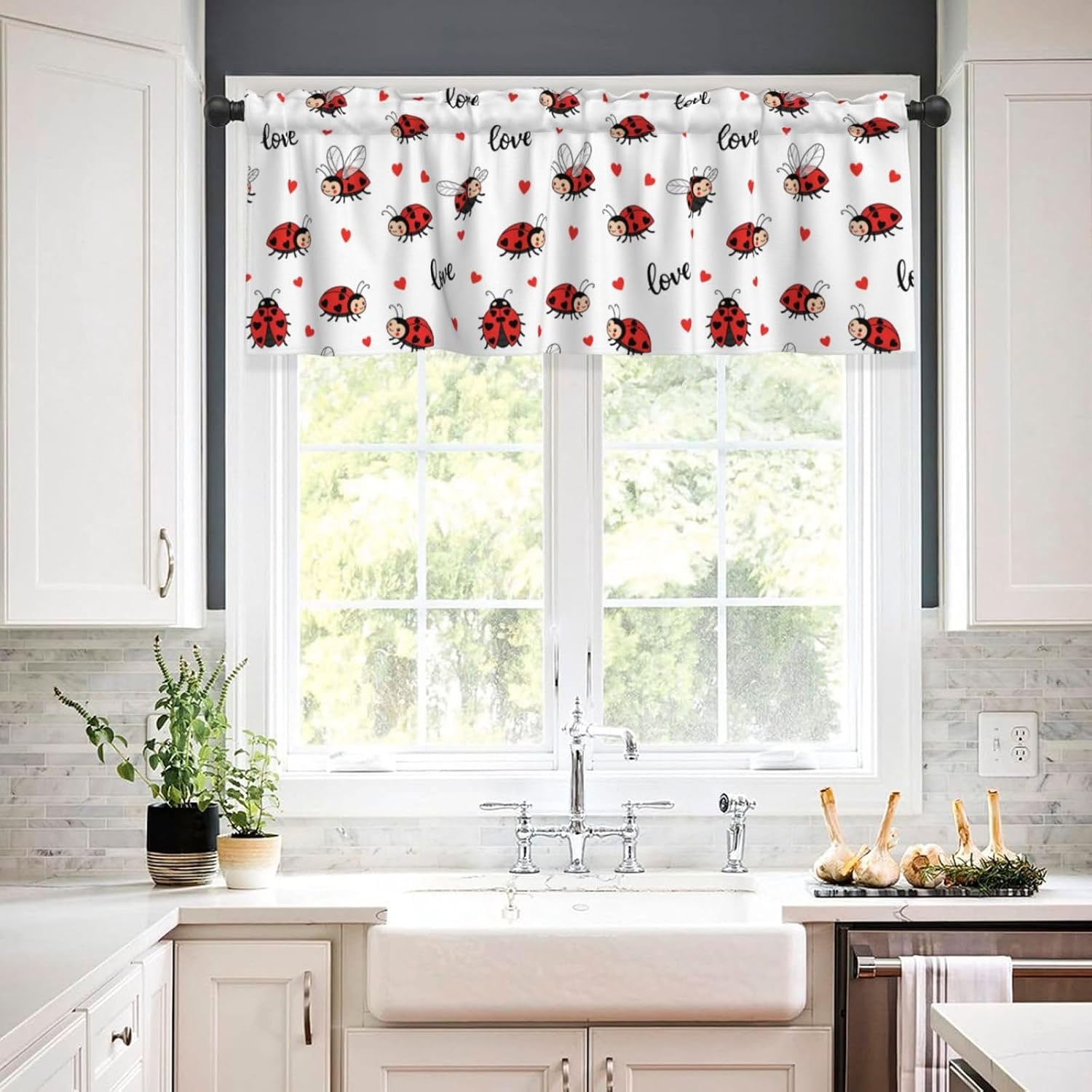 Romantic Valance for Windows Cute Ladybugs Red Heart Love Rod Pocket Window Treatment Short Topper Curtains for Kitchen Living Room Bedroom Bathroom Decor 1 Panel, 54x18Inch