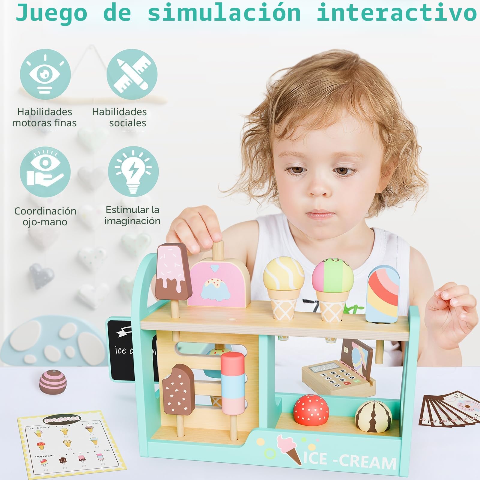 Heladeria Juguete, Heladería de Madera, Cocinita Infantil Tienda de Helados Accesorios de Cocina con Comiditas de Juguete & Dinero para Jugar, Regalo para Niños Y Niñas de 3 Anos Y Más