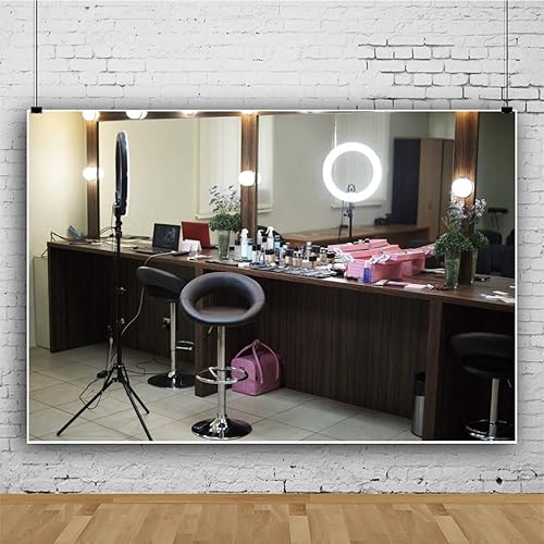 Miniatura 2 de OERJU Fondo interior para sala de maquillaje de 5 x 3 pies para fotografía, moderno salón profesional, espejo de maquillaje, cosméticos y