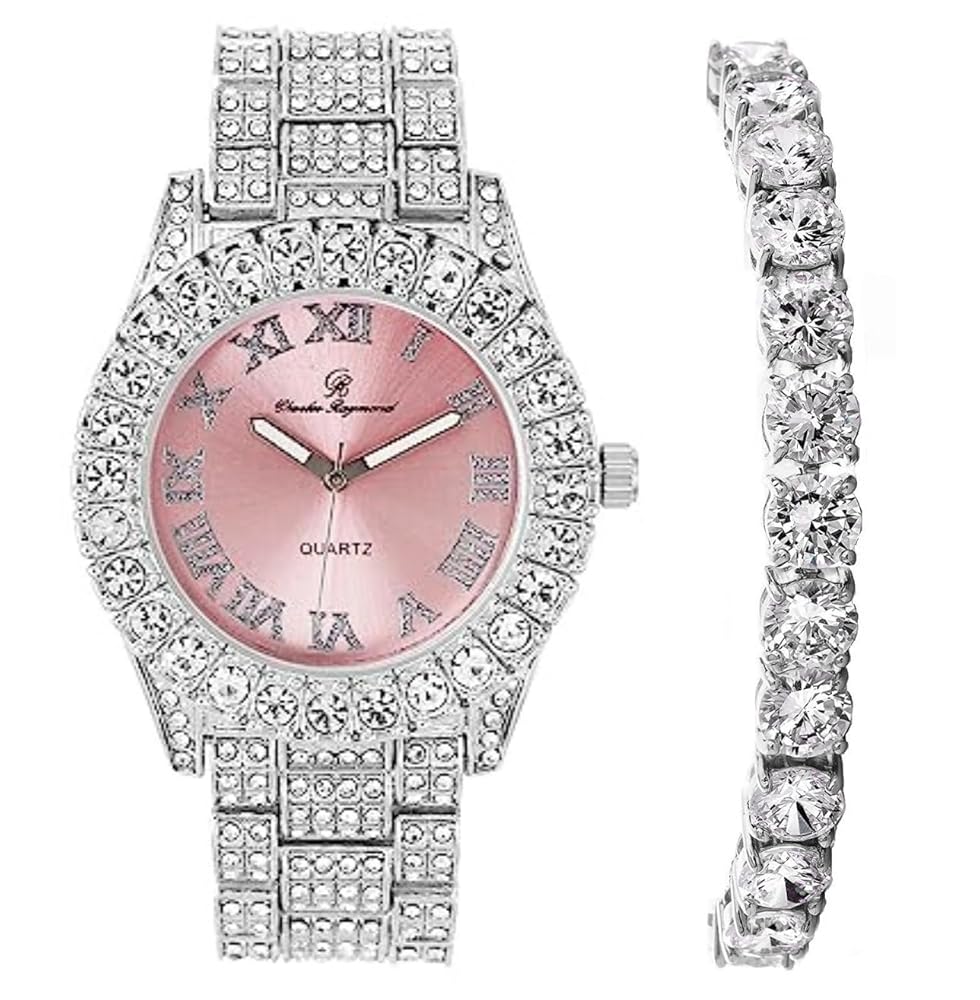 Charles Raymond Women's Big Rocks Bezel Colored Dial with Roman Numerals Fully Iced Out Watch w/Matching Bling'ed Out Tennis Bra　並行輸入