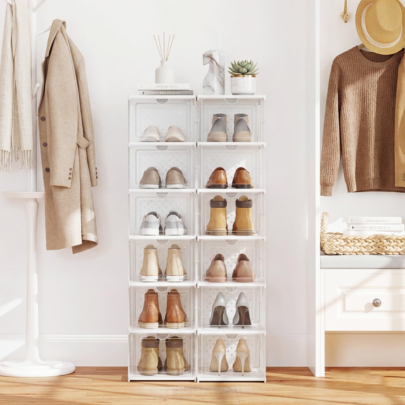 COSTWAY Scatole per Scarpe, Set di 2 Organizzatore per Scarpe a 6 Livelli, Scatole Pieghevoli in Plastica con Porta Frontale a Ribalta, Scarpiera Salvaspazio per Ingresso e Soggiorno