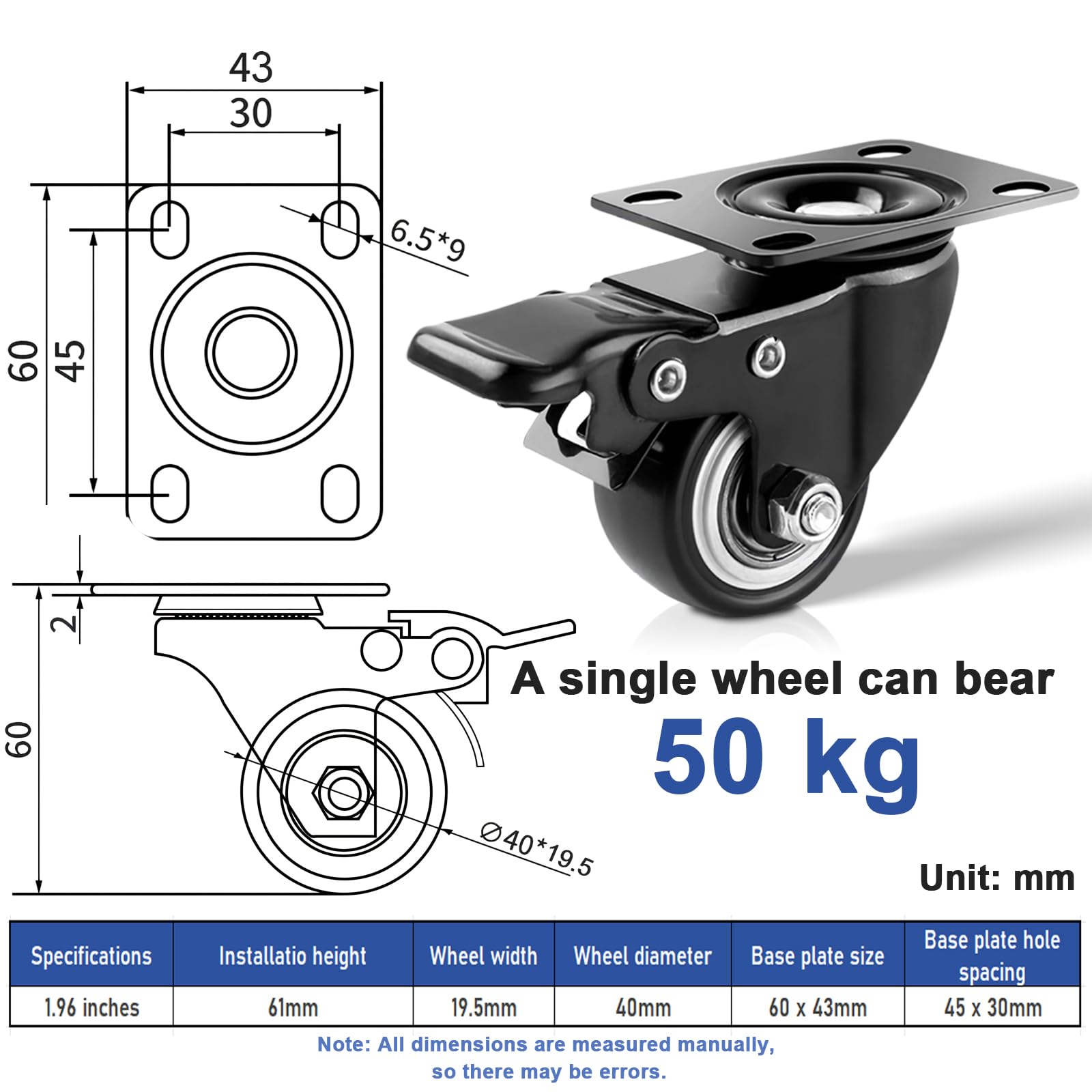 Gaodeding Heavy Duty Castor Set of 4, Load Capacity Up to 200kg, 360° Swivel Trolley Wheels, Quiet - Image 3