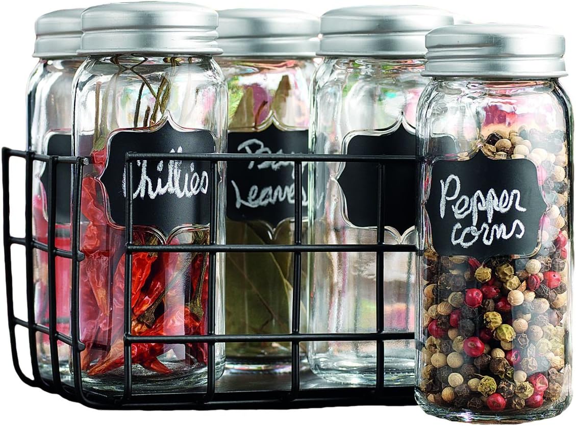 Durable Set of 6 Mini Round Chalkboard Spice Jars with Screw-on Lids and Metal Wire Caddy, 4.5-inch High Jars, Clear Glass Storage & Home Decor Set