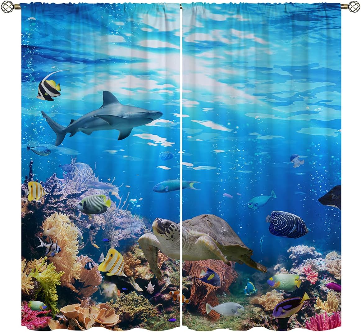 UUZ Ocean Fishes Blackout Curtains for Boy Home Decor, Undersea Coral Tropical Shark Sea Turtle Rod Pocket Thermal Insulated Drapes Darkening Window Curtain for Bedroom Living Room, 55 x 63 Inch
