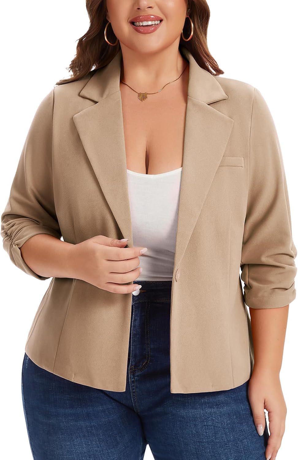 Plus Size Cropped Blazers for Women Casual Work Suit Jacket | 3/4 Sleeve Plus Size Blazer, One Button Closure, Notched Lapel, Open Front, Business Casual Work Office Blazer