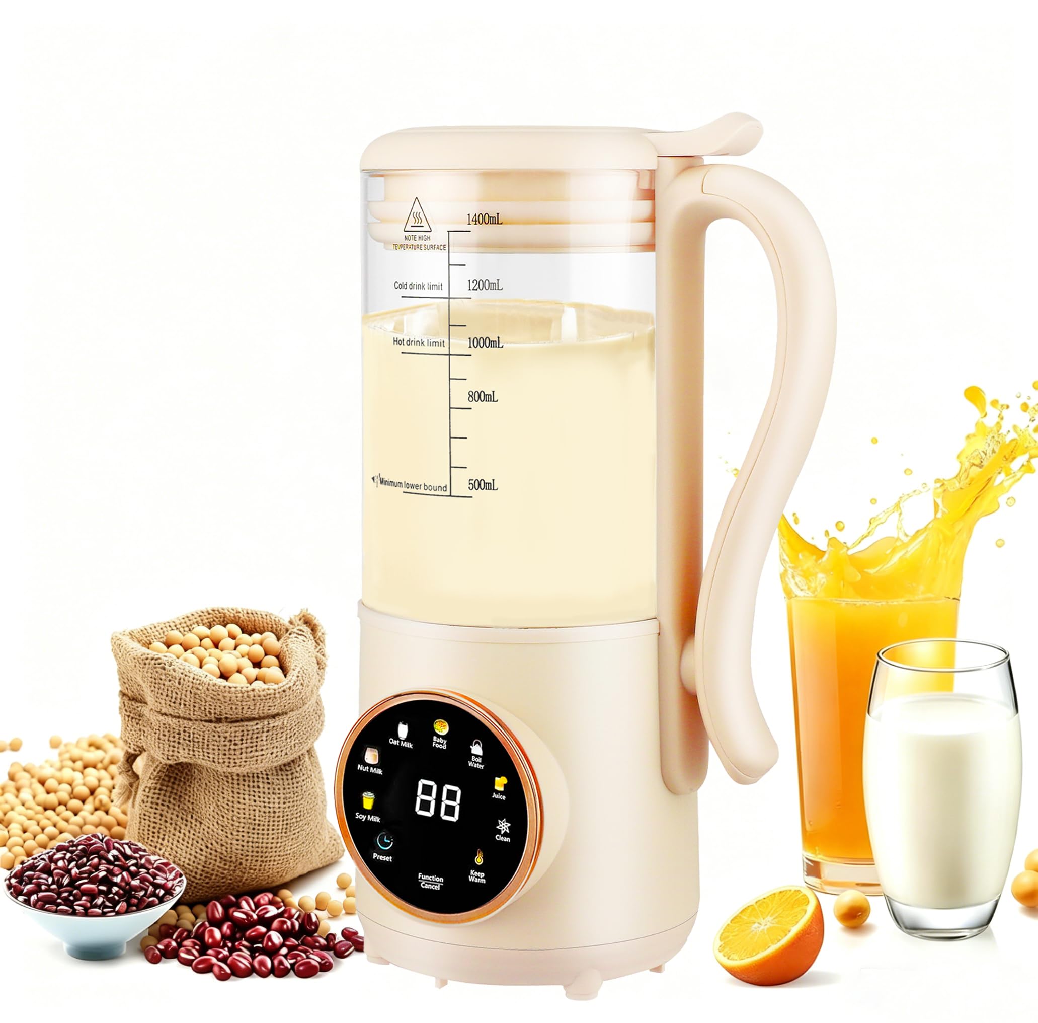 Macchina per il latte di noci, 1400 ml, multifunzione, automatica, con display LED, con funzione di autopulizia e avvio ritardato, per latte vegetale fatto in casa, soia, avena