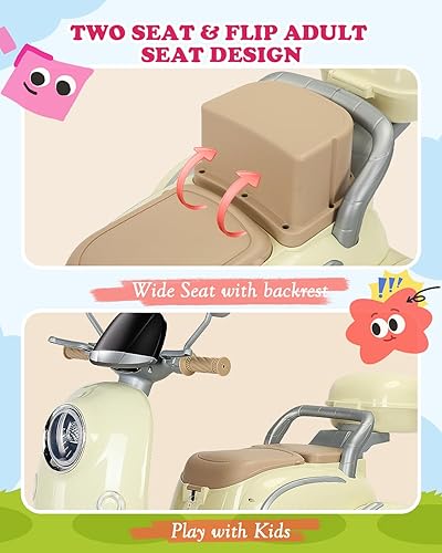 Miniatura 7 de Motocicleta de 12 V y 2 plazas para niños, scooter eléctrico con control remoto, caja de almacenamiento, música, luz LED, bocina, motor de 2 x 50 W,