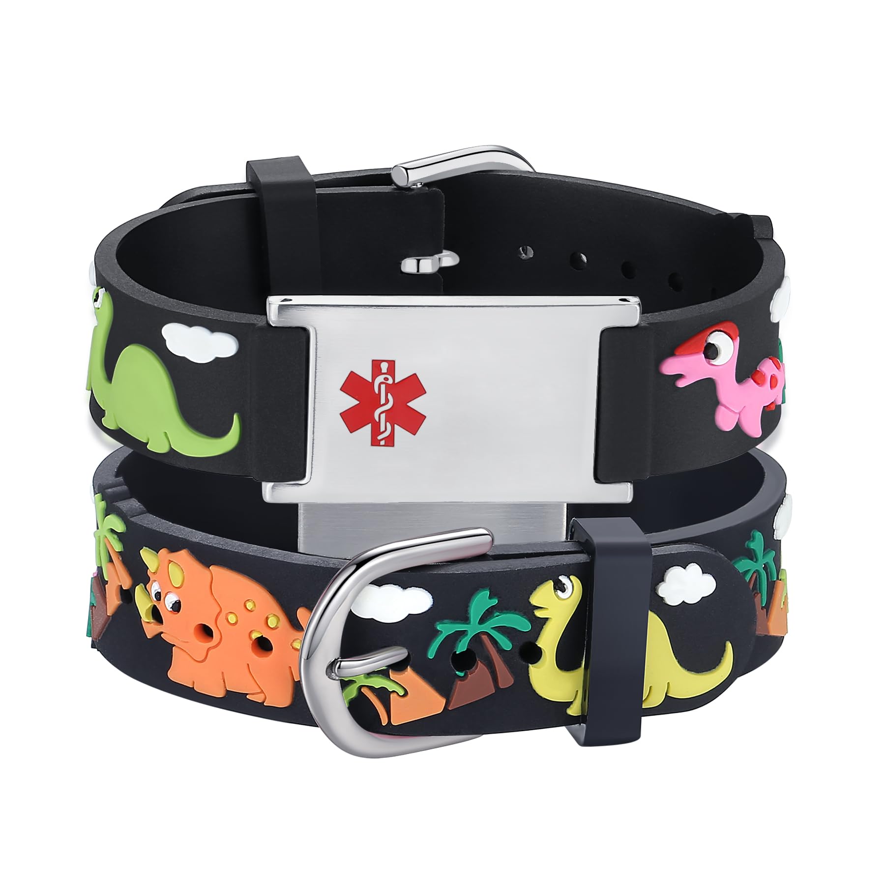 LinnaLove Medical Alert ID Bracelet – Custom or Pre-Engraved, QR Code Available,Blue Dinosaur Band