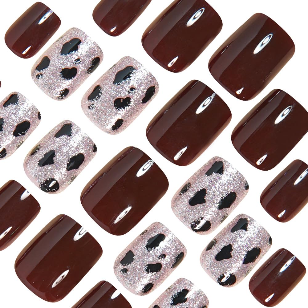 Wine Red Gradient Press On Nails With Gold Leaf And Heart Design_voghion.com