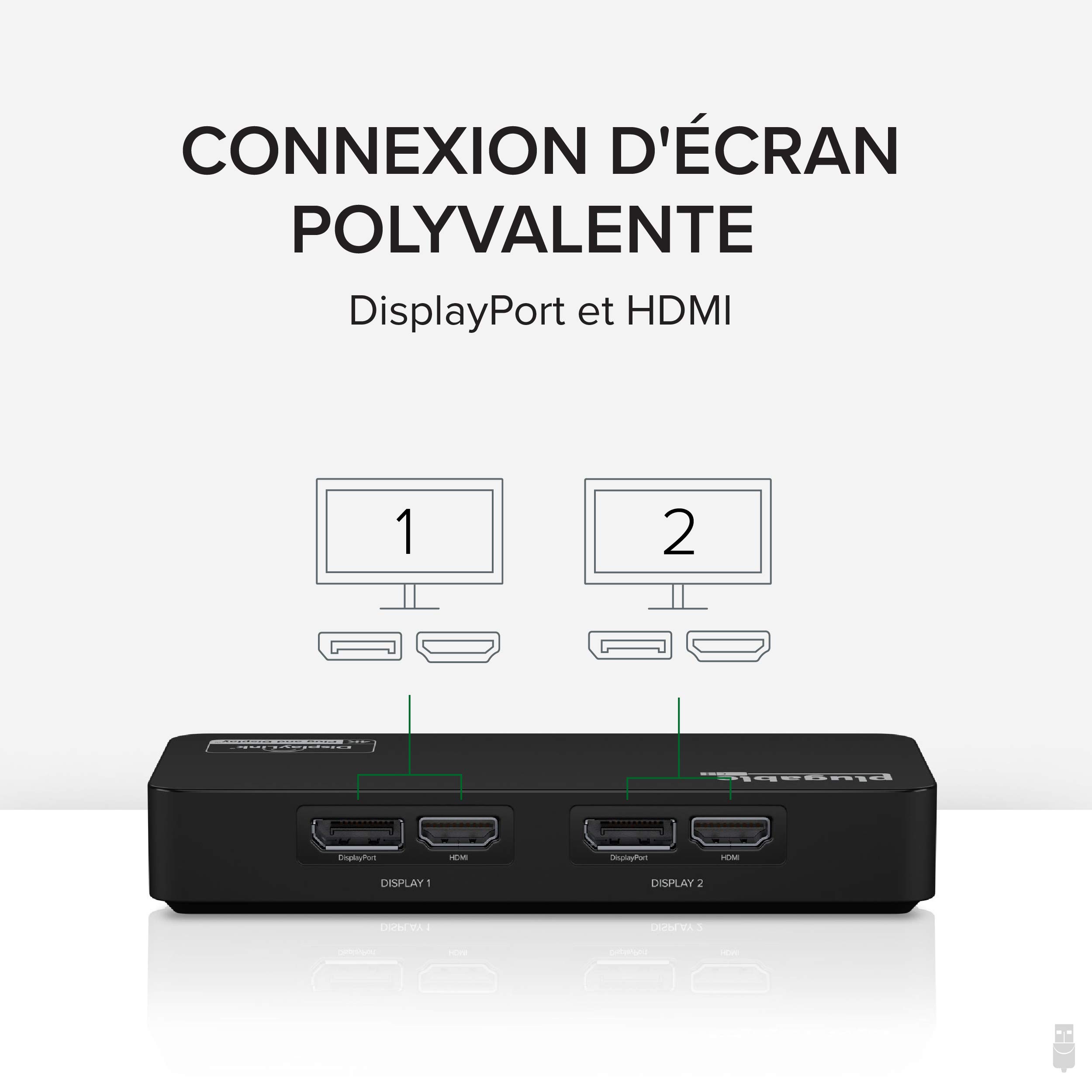 Plugable Adaptateur Double Moniteur 4K DisplayPort et HDMI pour USB 3.0 et USB-C, Compatible avec Windows
