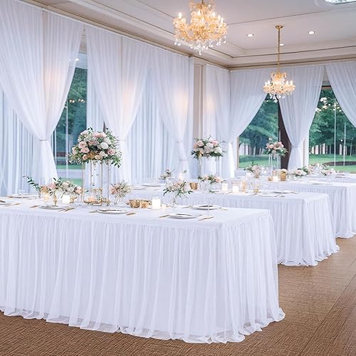 Miniatura 5 de Manteles blancos para mesas rectangulares de 6 pies, falda de mesa de tul con volantes blancos de una pieza con fundas de mesa de elastano