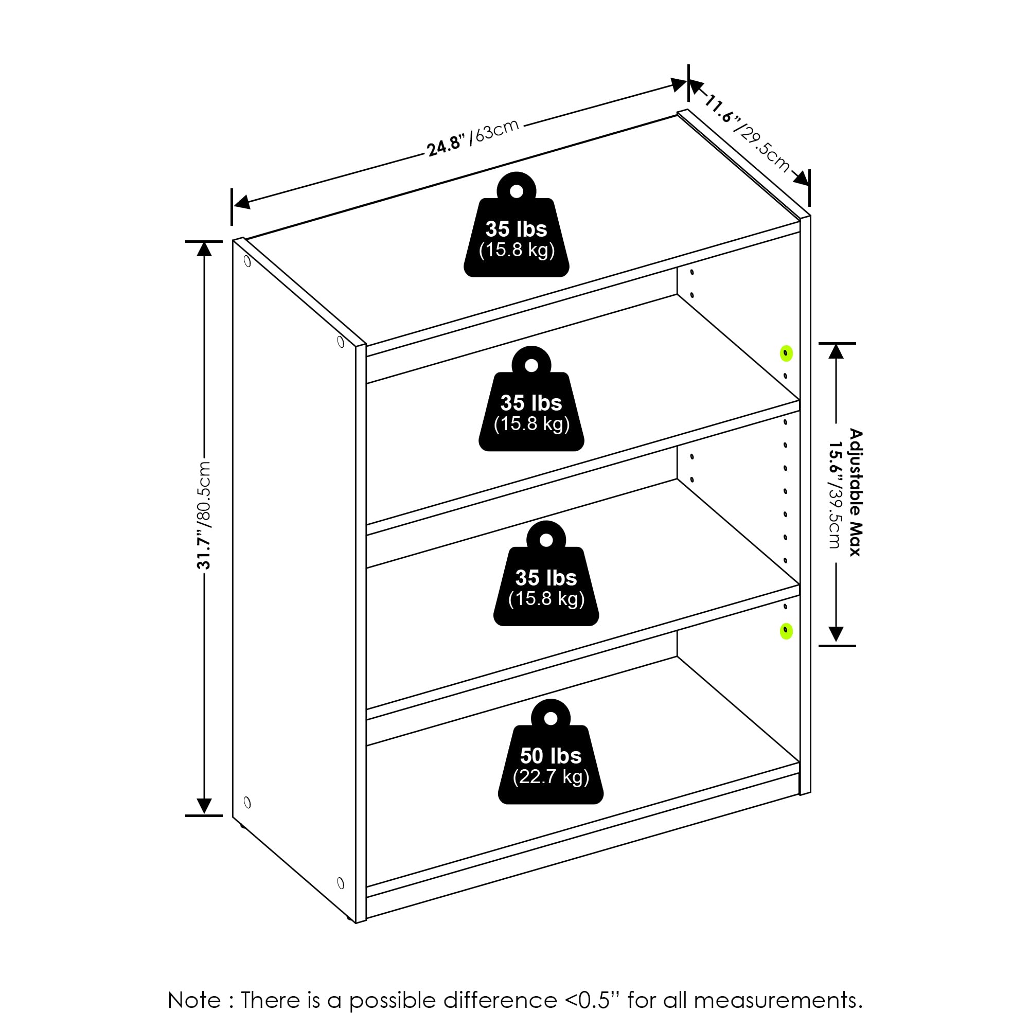 Furinno Fulda 3-Tier Adjustable Bookshelf, Space Saving Skinny Unit, White - View #2