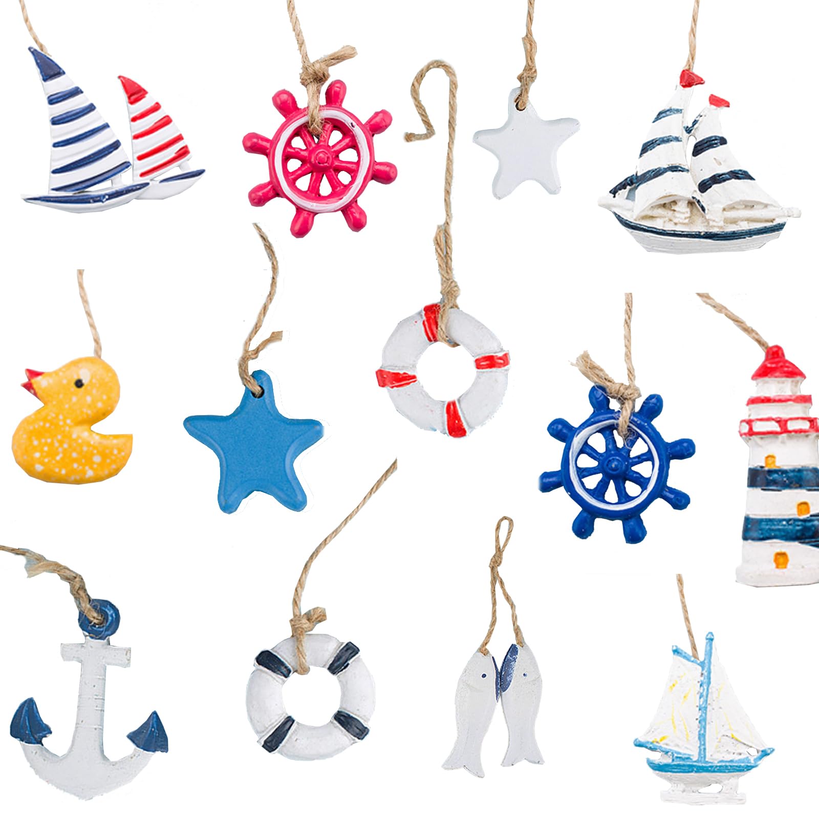 Ieron 13 Pieces Nautical Hanging Ornaments, mini Maritime Pendant Decoration Anchor Life Ring Sea Star Sailboat for Coastal Christmas Summer Tree Wall Fishing Net Decor Beach Craft Home Decor