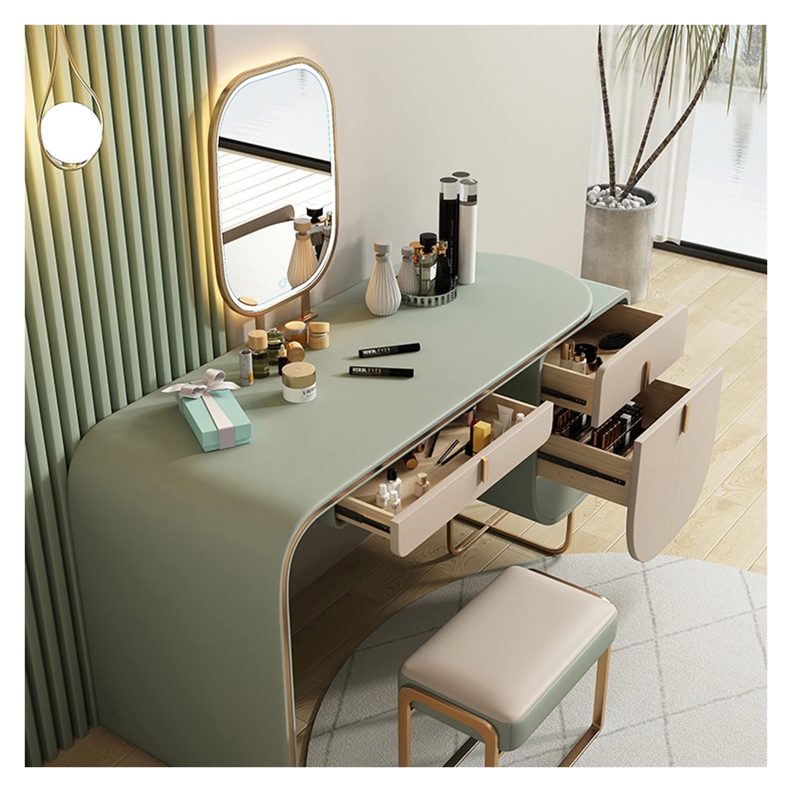 EQUALIZE Schminktisch Kommode Einziehbare Kommode mit Schublade Schminkspiegel Schminkhocker Schminktisch All-in-One Set Damen Make-up Assistent Schreibtisch (Farbe: E)