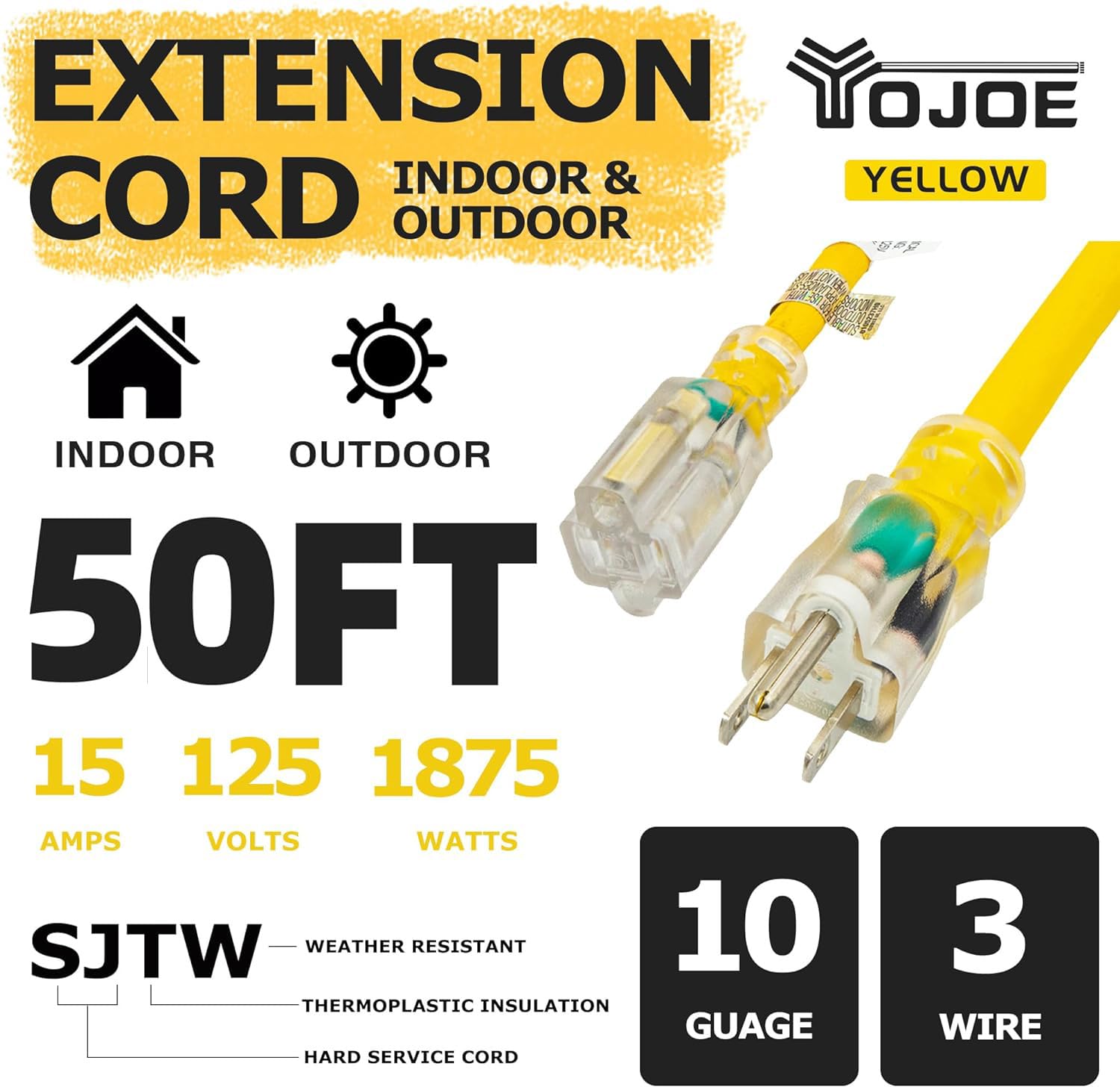 YOJOE - Cable de extensión para interiores y exteriores con extremo iluminado, cable de alimentación resistente a la intemperie de 3 clavijas, calibre 10, cable de extensión amarillo de 50 pies para