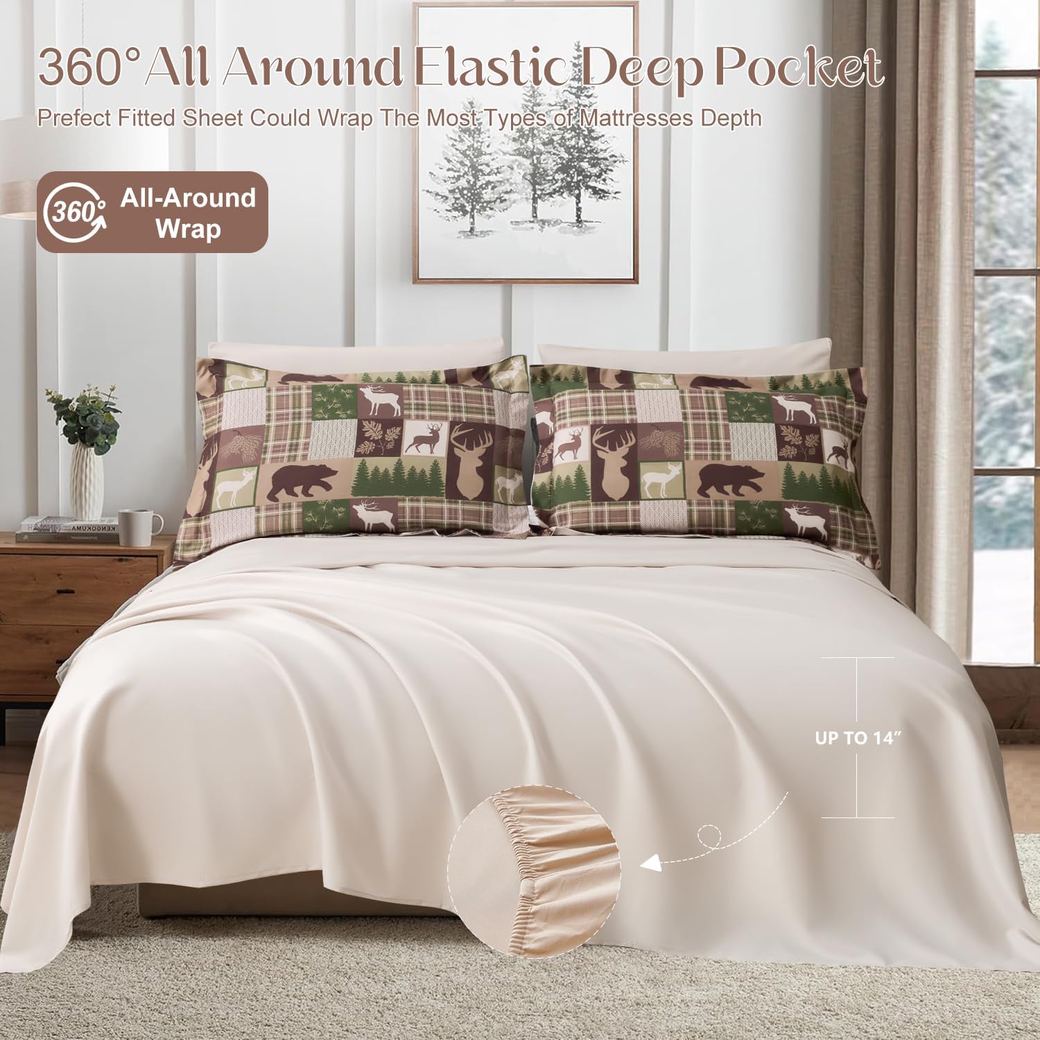 Comforter Set Queen Size Bear Moose Plaid Comforter Bedding-7 Piece Bed in a Bag,Soft Reversible Patchwork Microfiber Bedding Set (1 Comforter,1 Flat Sheet,1 Fitted Sheet,2 Pillowcases,2 Pillow Shams) - Image 5