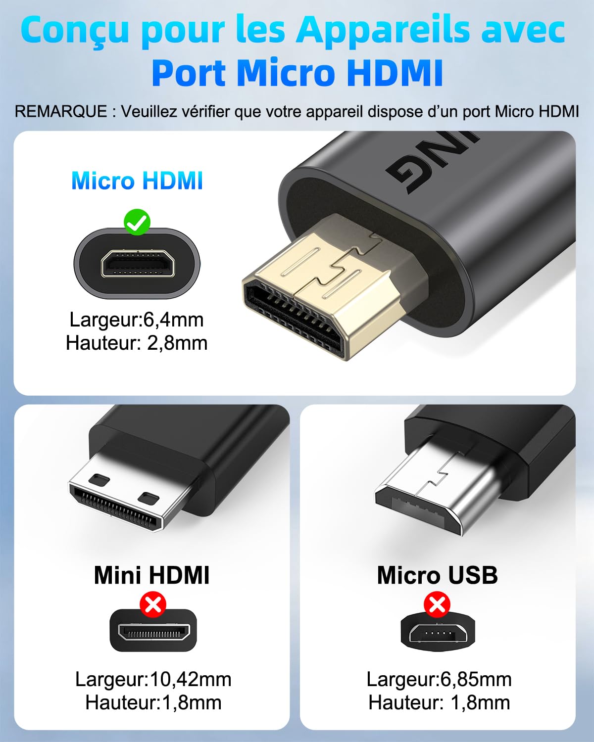 Câble Micro HDMI vers HDMI, 0.3m pour Streaming et Gaming, Câble Micro HDMI 2.0 avec 4K@60Hz, HDR, ARC et Dolby 3D Full HD, pour Moniteur, Caméras et Raspberry Pi 5/4