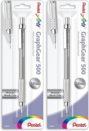 Pentel Arts GraphGear 500 - Lápiz de dibujo premium, 0.035 in, barril gris, paquete de 2 (PG529NPABP)