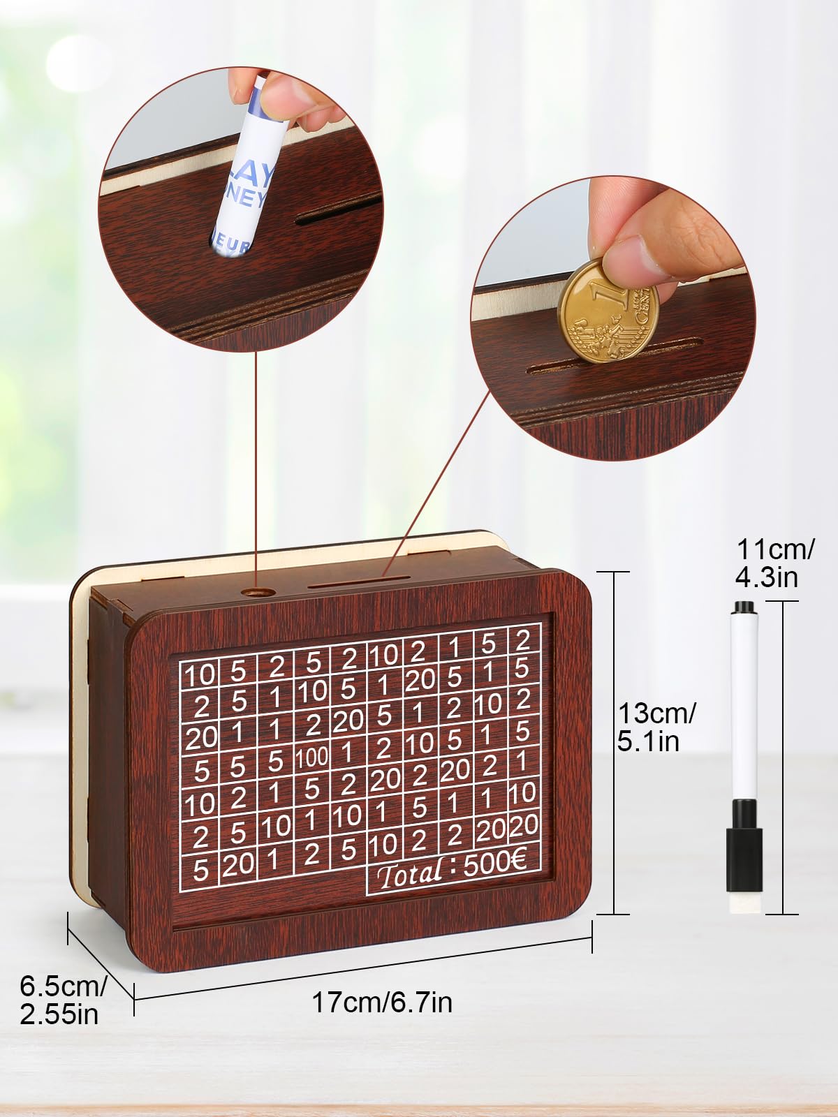 Spardose aus Holz, €500 Sparbox Retro Sparbüchse Aufbewahrungsbox, Wiederverwendbare Spardose mit Sparziel und Zahlen zum ankreuzen für Spar Challenge