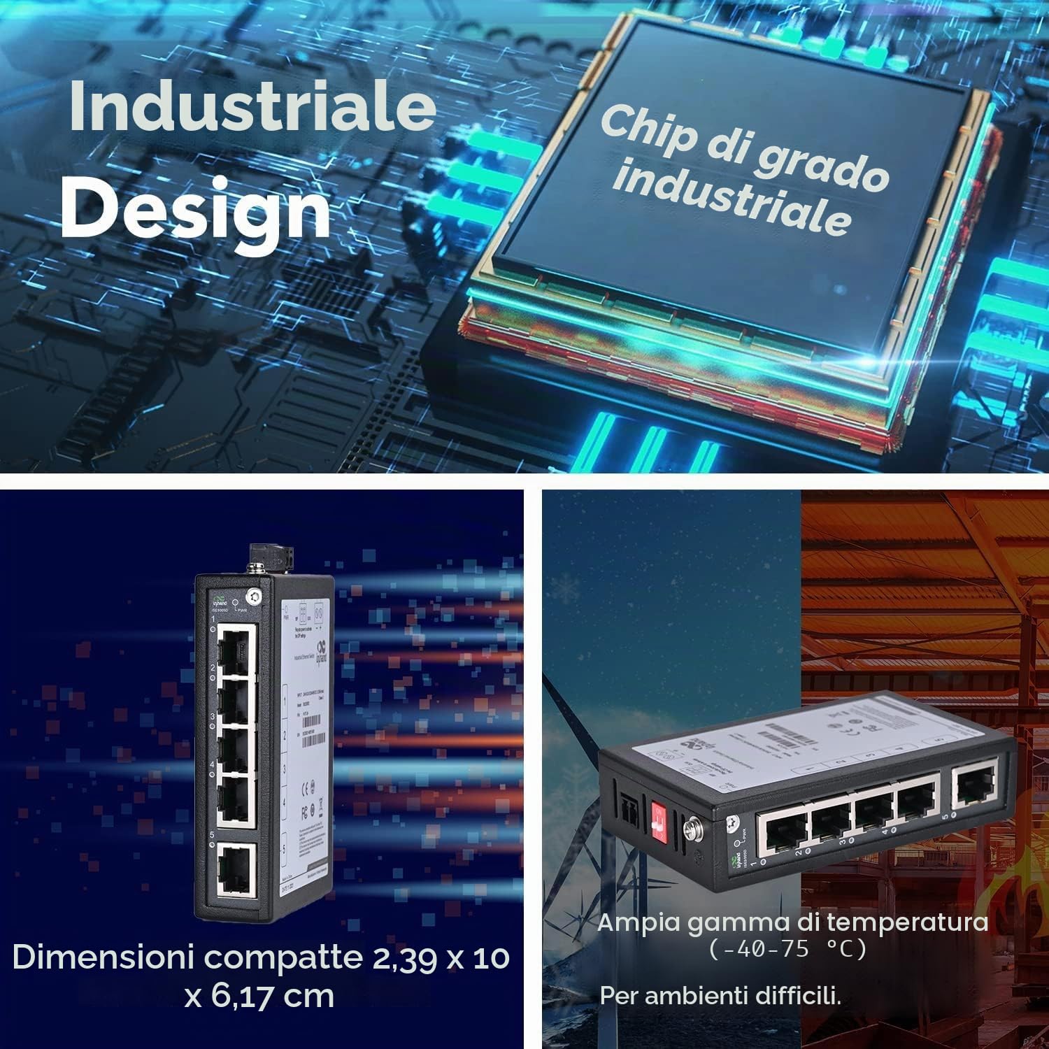 InHand Networks ISE2005D Switch Ethernet Industriale 5 Porte 10/100 Mbps, Switch di Rete Non Gestito per Guida DIN, Ultra Compatto, da -40°C a +75°C, Certificato CE/UL (Morsettiera Inclusa)