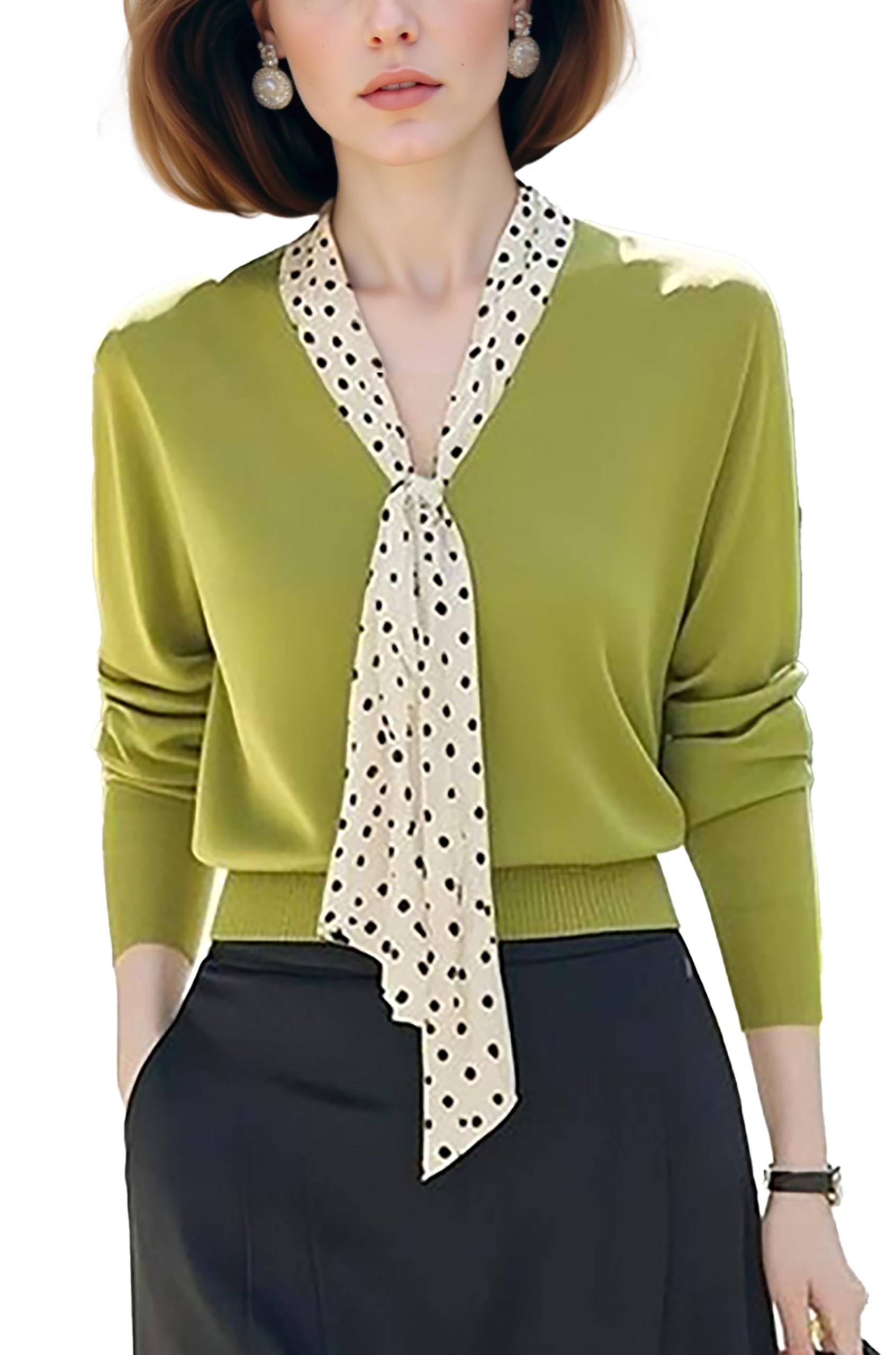 LAI MENG FIVE CATS Womens Elegant Tie V-Neck Sweater Long Sleeve Soft Knit Solid Color Pullover Tops