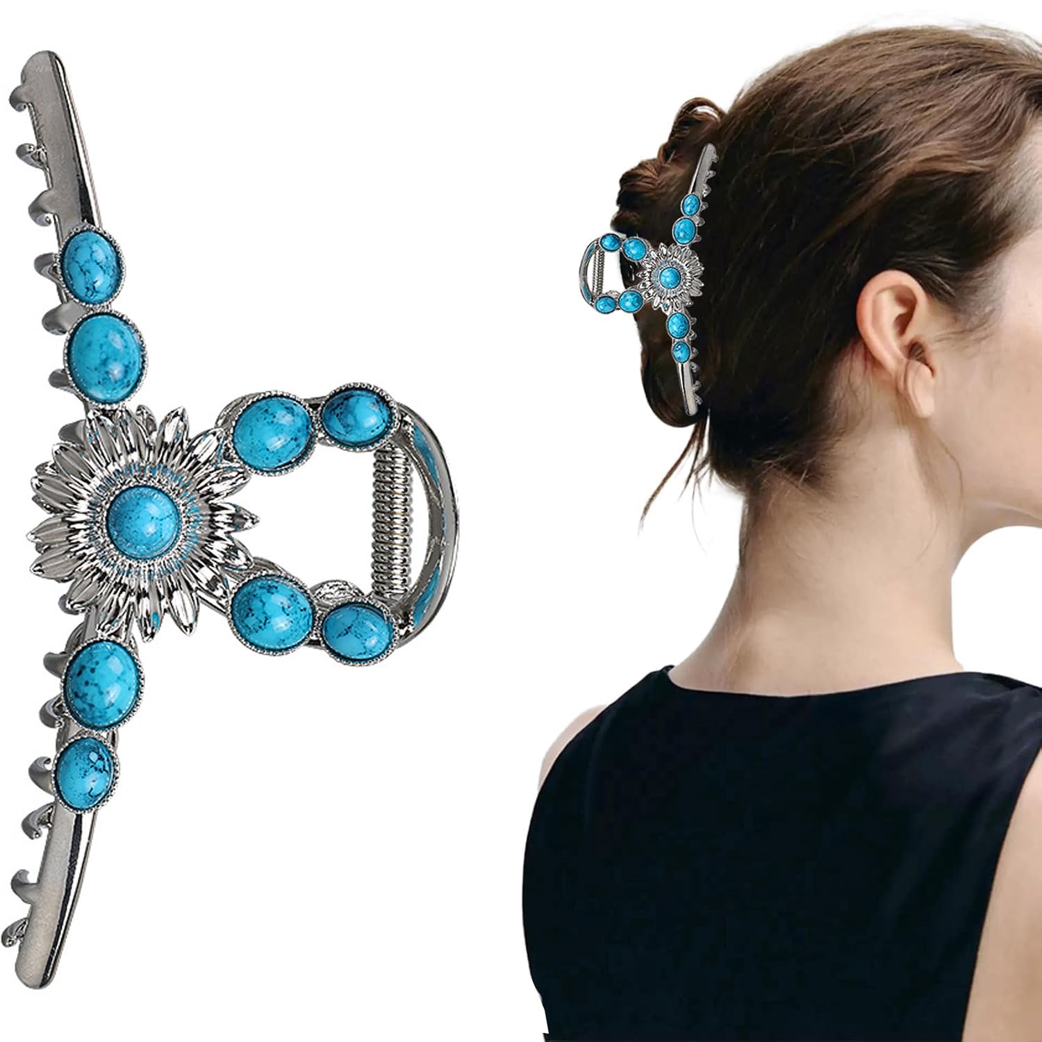 Western Hair Clips Extra Large Silver Turquoise Blue Stone Sun Metal Claw Clip Ponytail Holder Hair Claw Western Style Hair Accessories for Women Girls