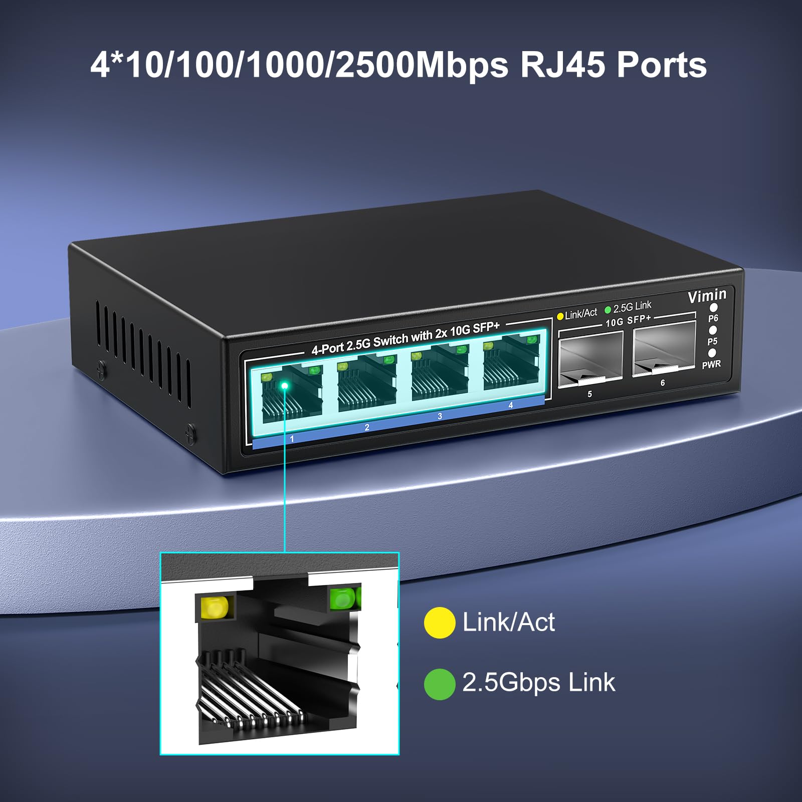 6-portowy niezarządzany przełącznik sieciowy 2,5 G, porty VIMIN 4X 2,5 Gbase-T, 2 x port 10G SFP+, pojemność przełączania 60 Gb/s, IEEE802.3, metalowa obudowa, bez wentylatora, działa dla NAS 2,5 Gb/s