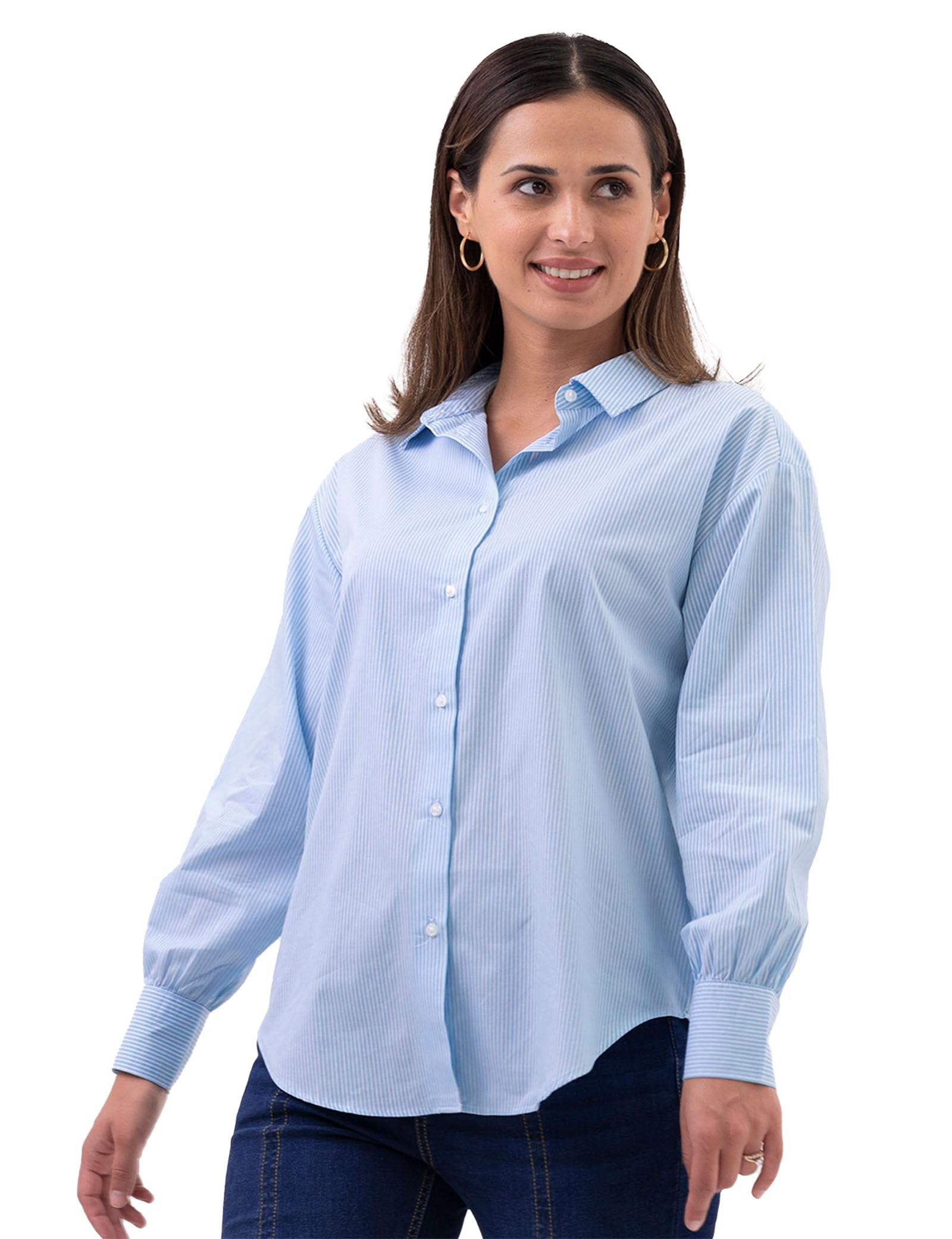 Enorsia Womens Long Sleeve Stripe Poplin Shirt with Single Button Cuffs, Long Sleeves, Button-Through Front (Blue, 16)