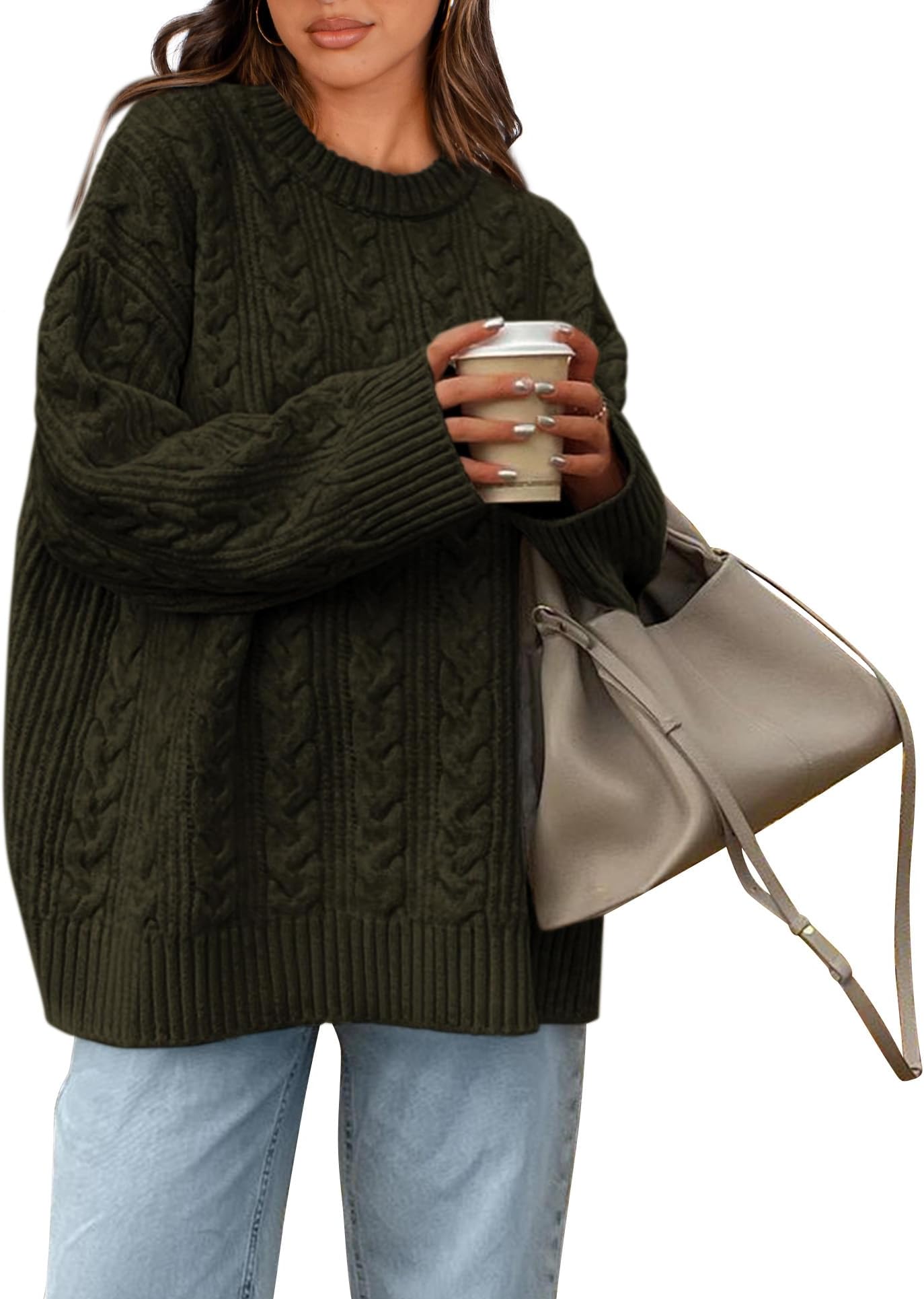 Women's Oversized Sweaters Crewneck Cable Knit Pullover Casual Loose Fall Outfits Spring Fashion Clothes 2026