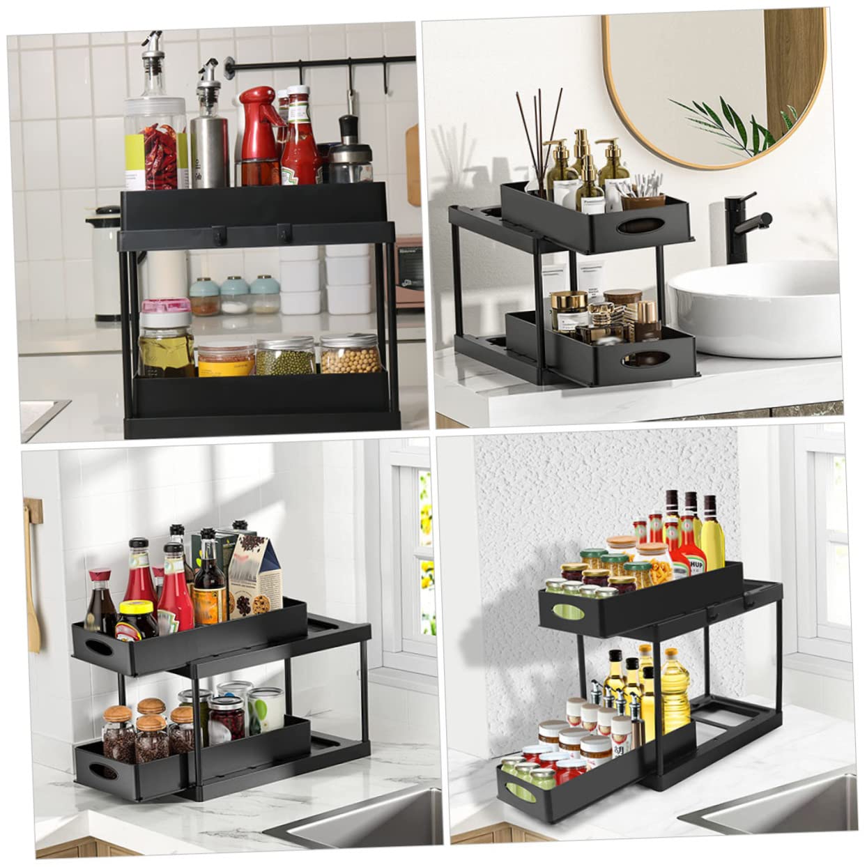 Spülbecken Organizer Unterschrank Ausziehbarer Küchenorganizer mit 2 Ebenen Abs Wasserableitend für Küche und Bad Schwarz