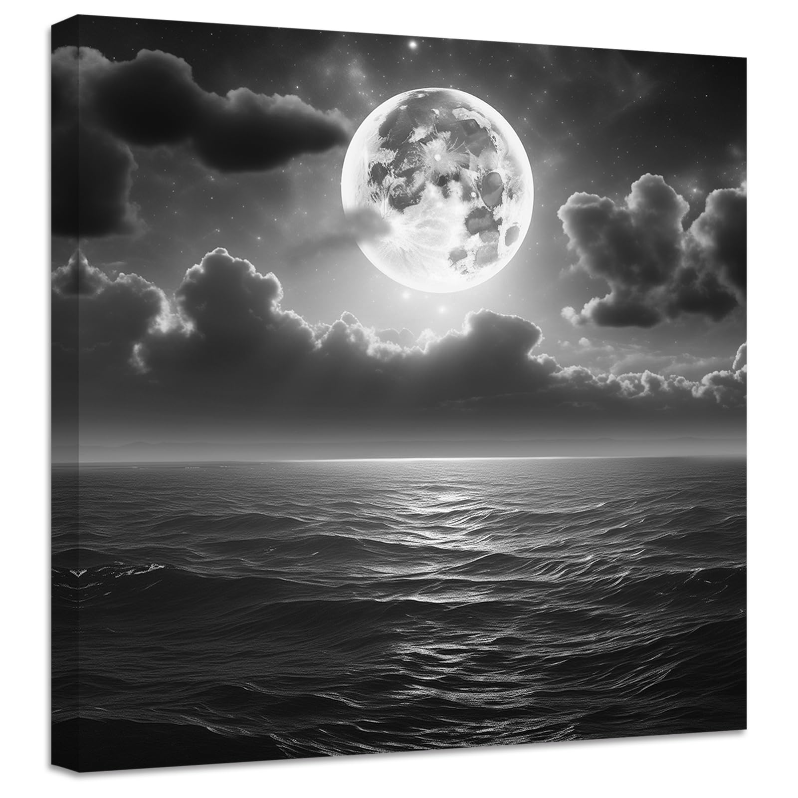 ZXHYWYM Moon Over Ocean Painting Canvas Wall Art Full Moon in Night Picture Prints Black and White Modern Artwork Home Decor Framed (Picture-2, (12.00