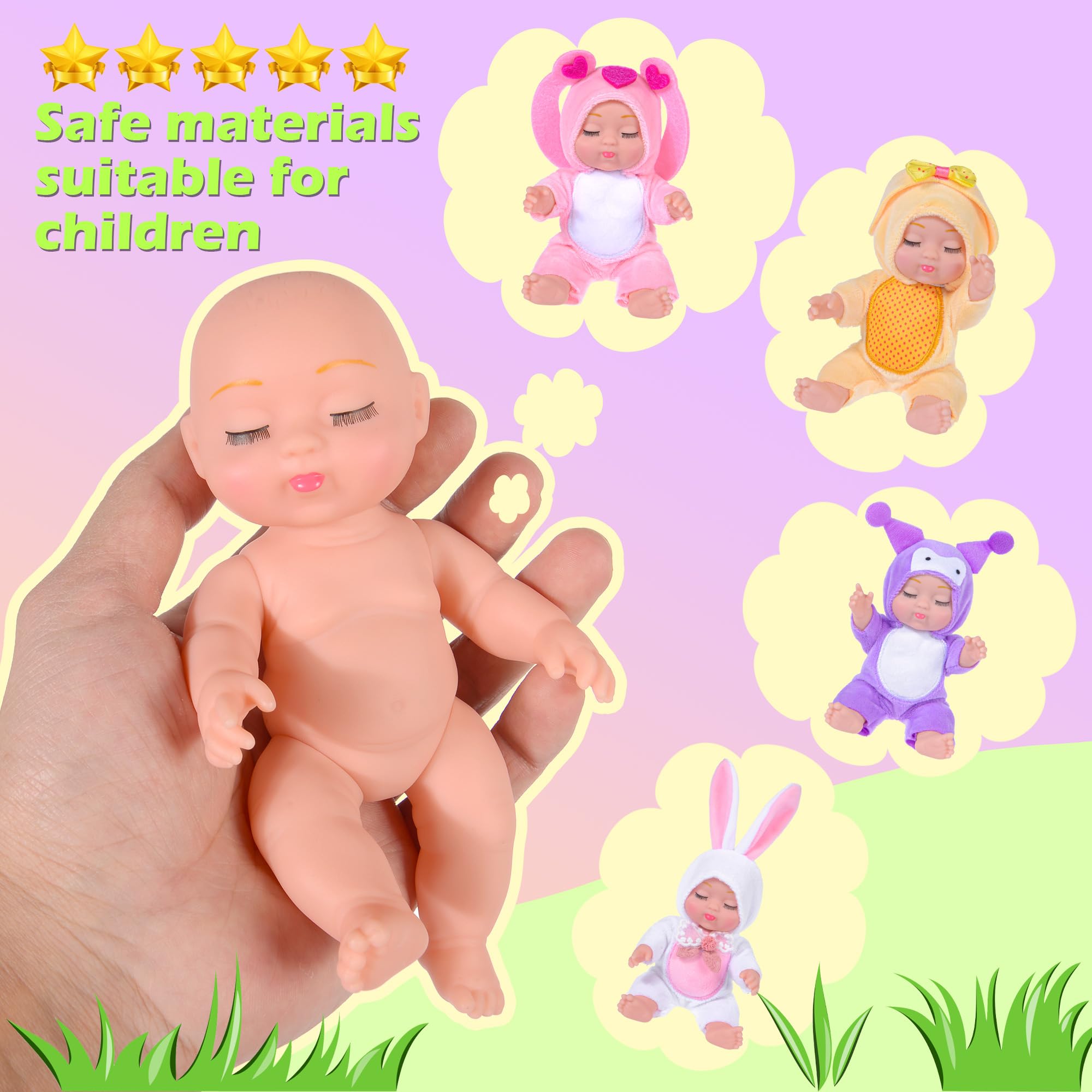 4 Pcs 7 Inch Baby Dolls with Adorable Animal-Themed Outfits, Cute PVC Infant Figurines Set in Yellow Chick, White Bunny - Image 2