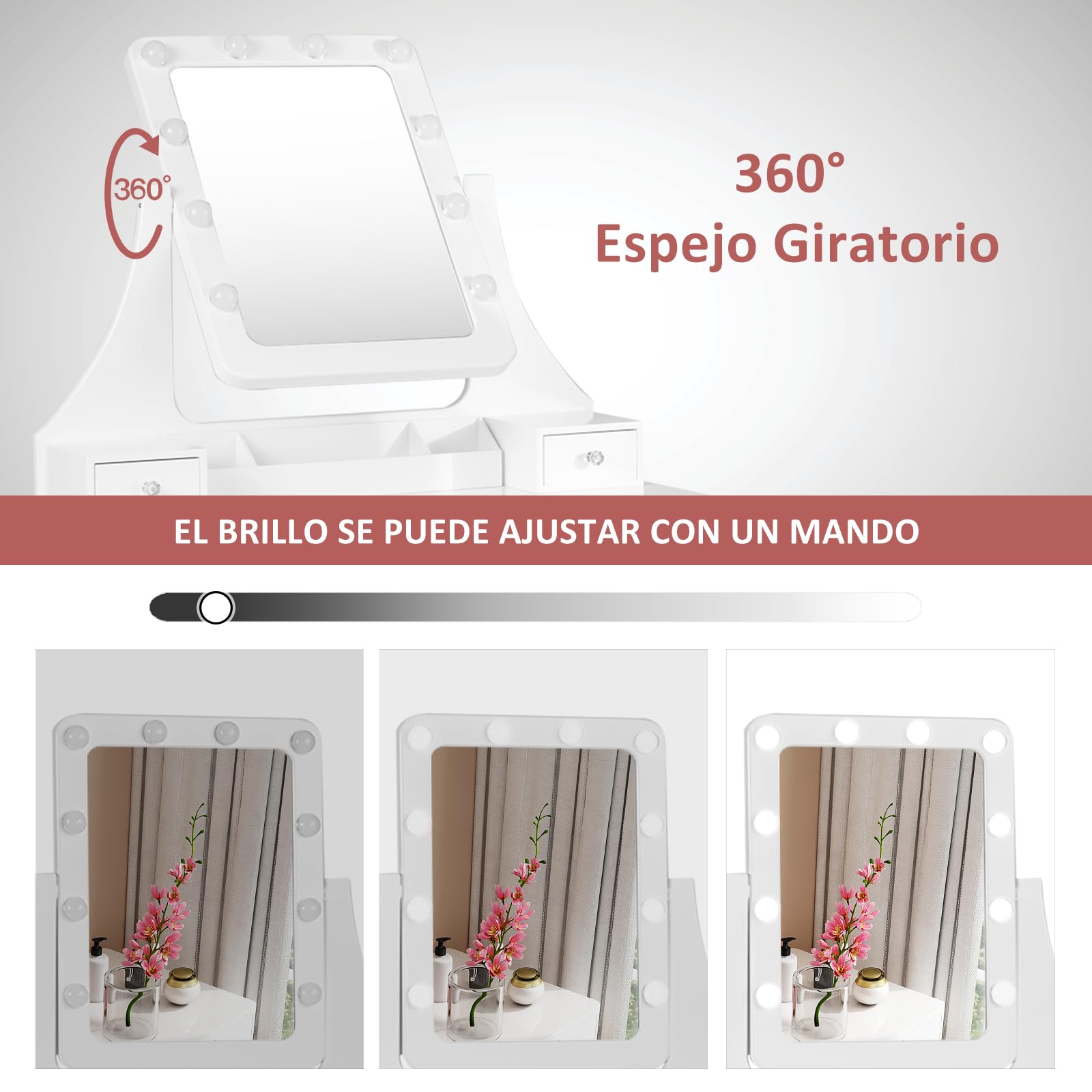 RELAX4LIFE Tocador de Maquillaje con Espejo Extraíble y Giratorio 360° y 10 Luces LED Regulables, Tocador Maquillaje con Taburete Acolchado, 5 Cajones, 3 Compartimentos y 2 Estantes (Blanco)