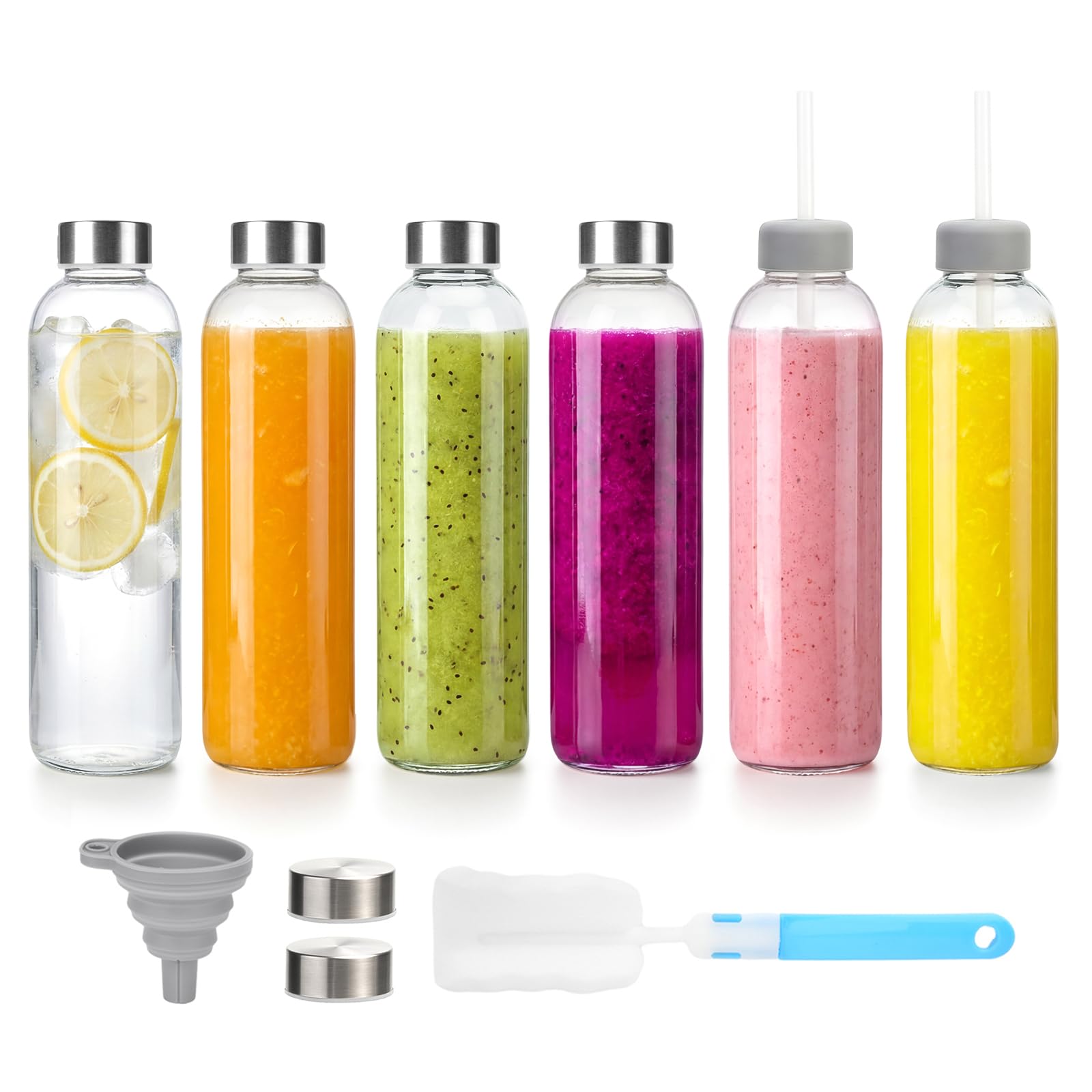 Zukro 24 oz Clear Glass Water Bottles with Stainless Steel Lids, Set of 6