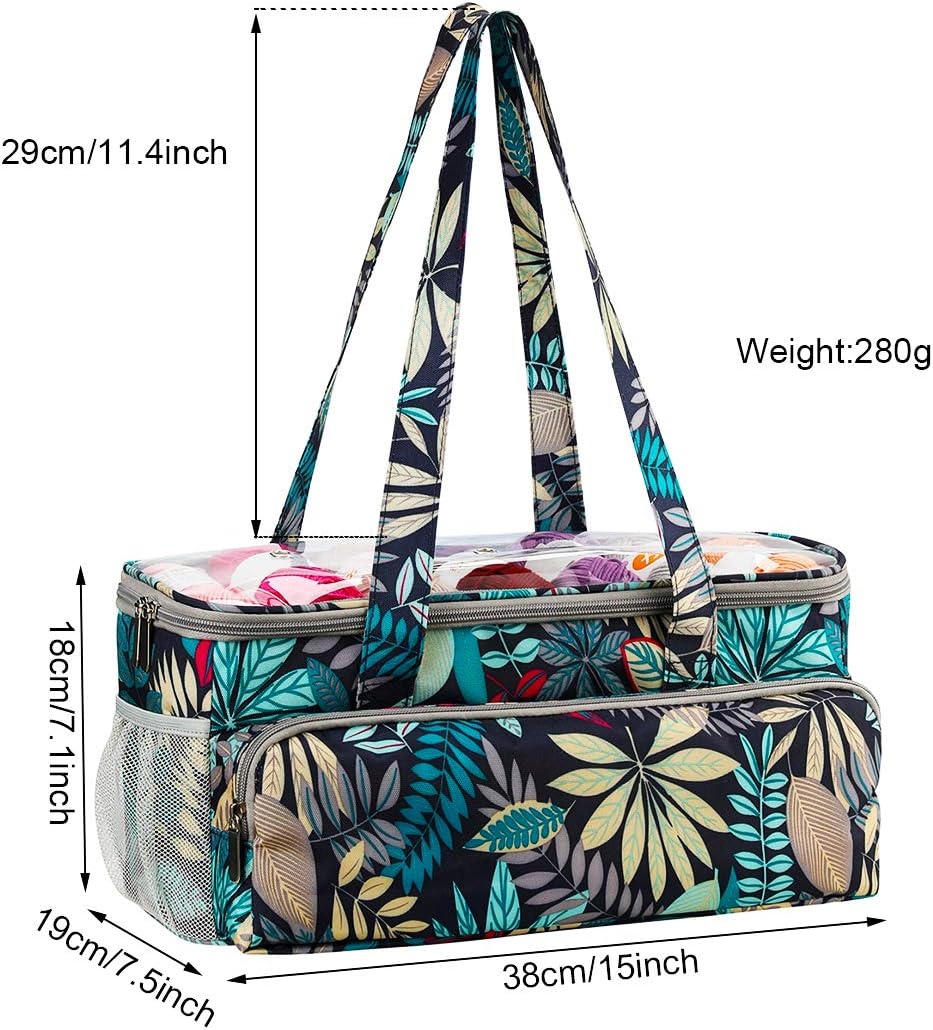 KOKNIT Yarn Storage Bag, Translucent PVC Material Portable Knitting & Crochet Bag with Holes, Delicate Dattern of Leaves Yarn Project Bag for Beginners