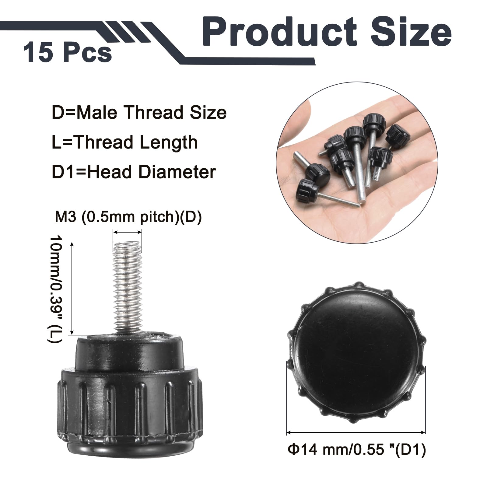 QUARKZMAN Manopole Di Serraggio Rigate Viti A Mano Maniglie Bulloni M3 X 10 Mm Filetto Maschio Testa Da 14 Mm Per Elettronica Automobilistica Montaggio Mobili Del(Nero, Confezione Da 15)
