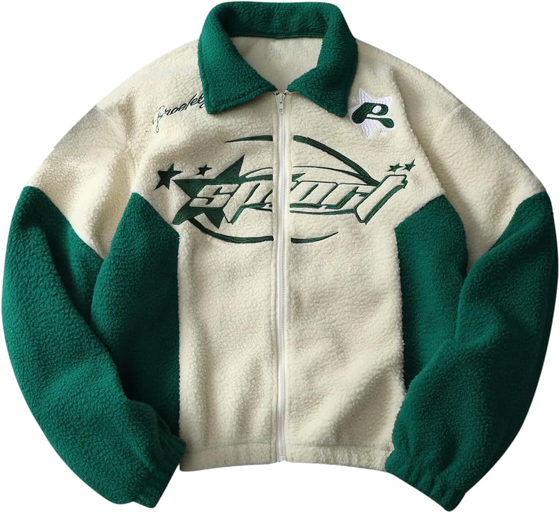 SOLY HUX Men's Color Block Fleece Jacket Zip Up Letter Graphic Long Sleeve Warm Outerwear Winter Coats Streetwear