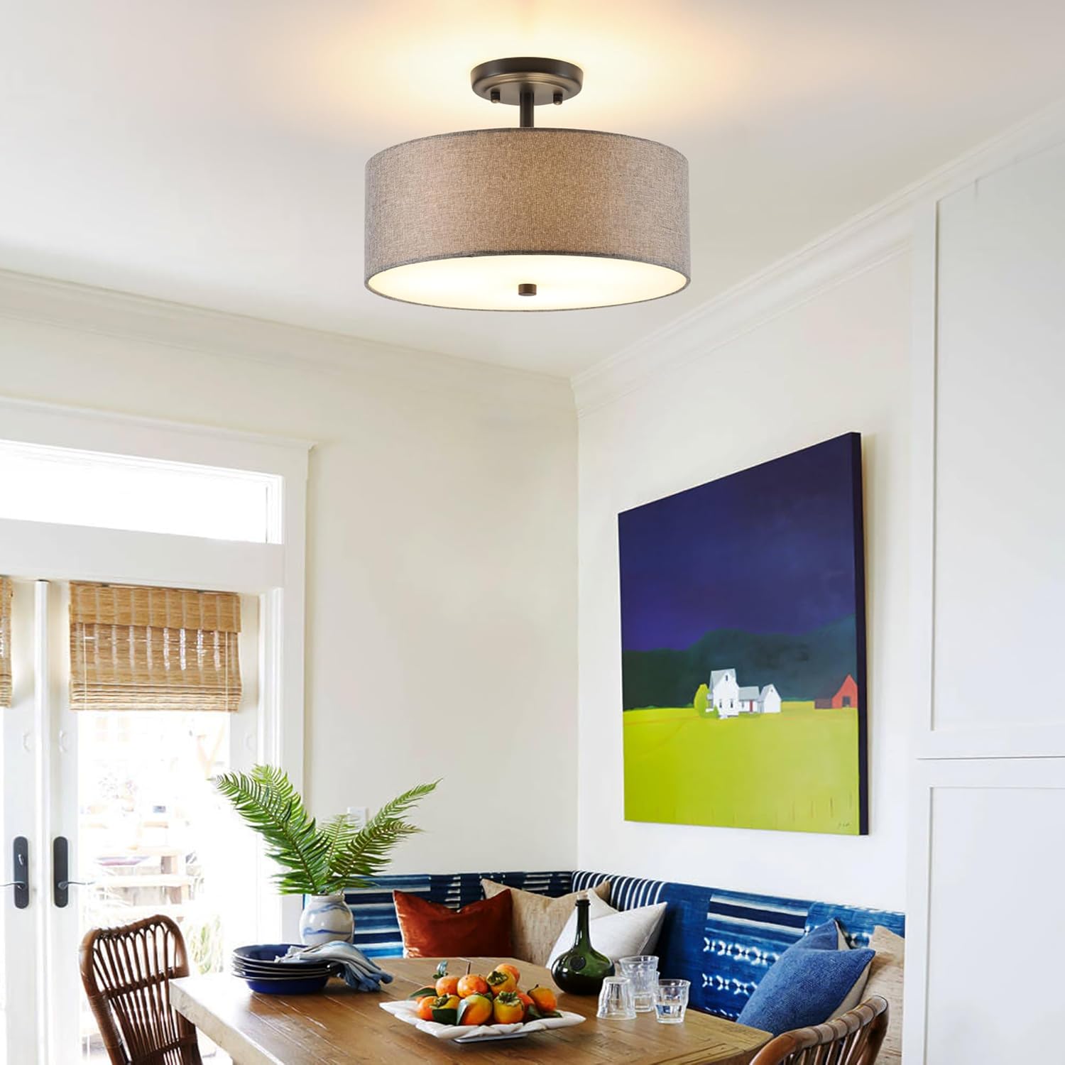 13.8 Inch Semi Flush Mount Ceiling Light Fixture, 3-Light Modern Farmhouse Drum Pendant with Fabric Shade for Bedroom Hallway Entryway Living Room (Gray+Black)