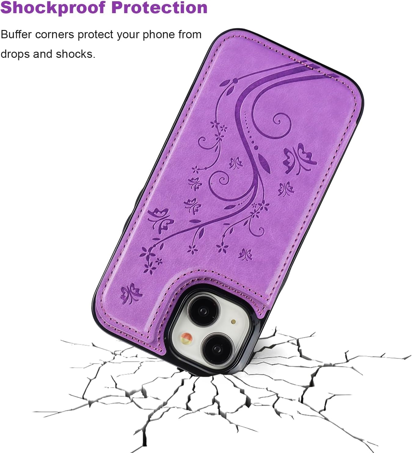 Vaburs for iPhone 15 Case Wallet Compatible with MagSafe Wireless Charging Card Holder, Embossed Butterfly Pattern PU Leather Double Buttons Flip Protective Shockproof Cover for 6.1 Inch(Purple)