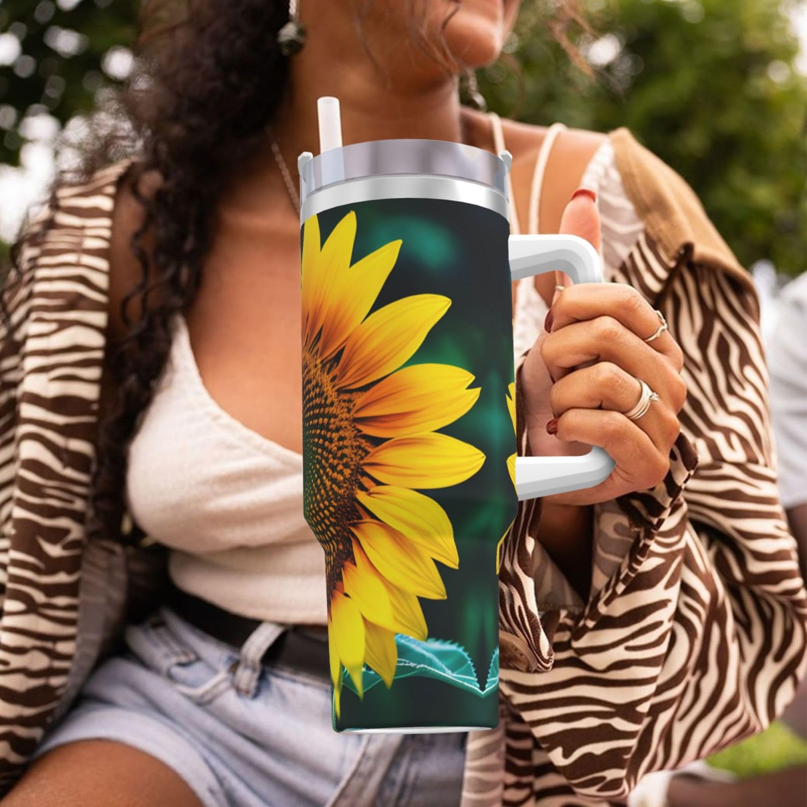 Wasserflasche mit Sonnenblumenmuster, Edelstahl, doppelwandig, isoliert, mit Griff und Strohhalm-Deckel, 1,2 l