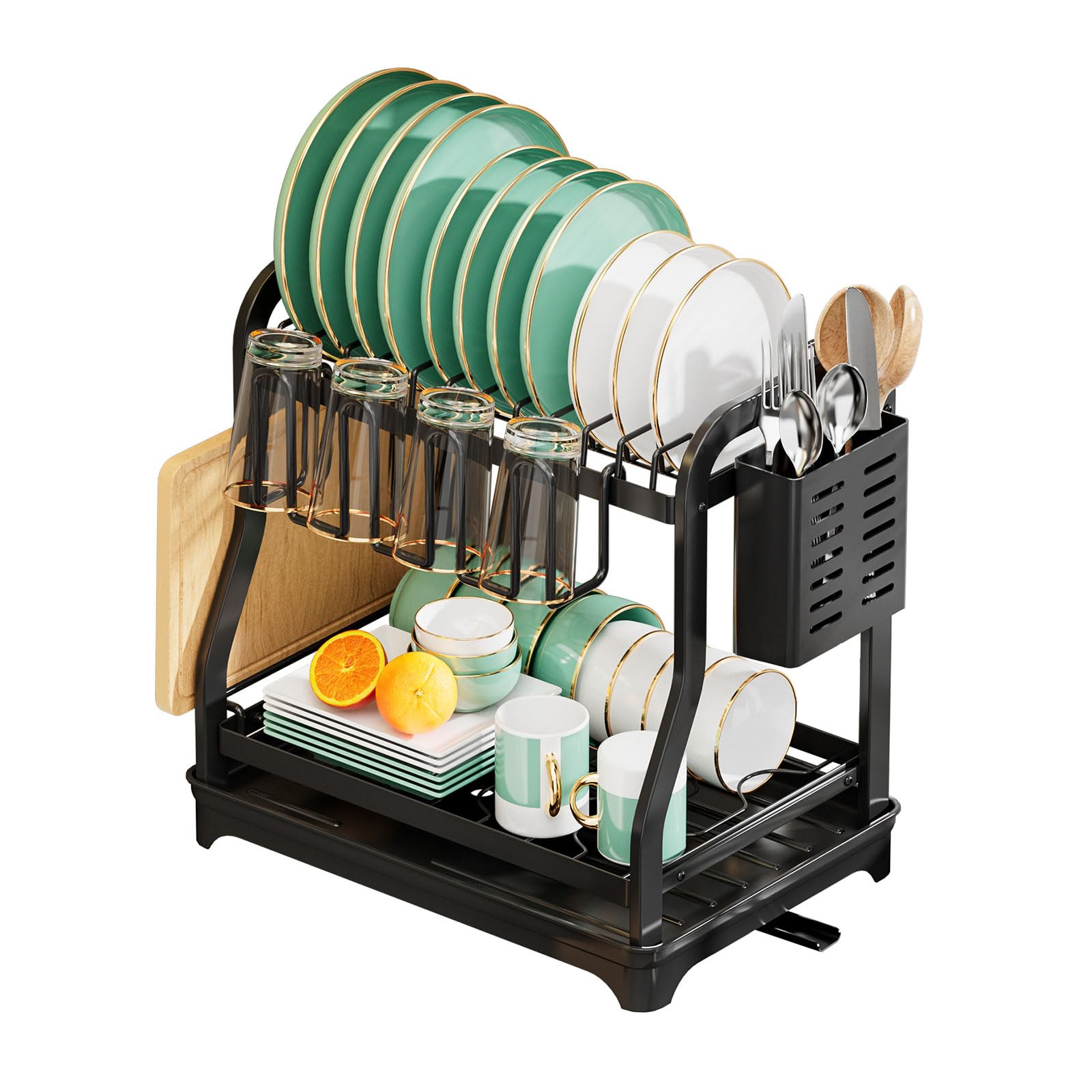 GLJTUO 2-Tier Dish Drying Rack - Large Kitchen Counter with Utensil Holder & Drainboard, Heavy Duty Dish Drainer Tray for Efficient Drying & Storage
