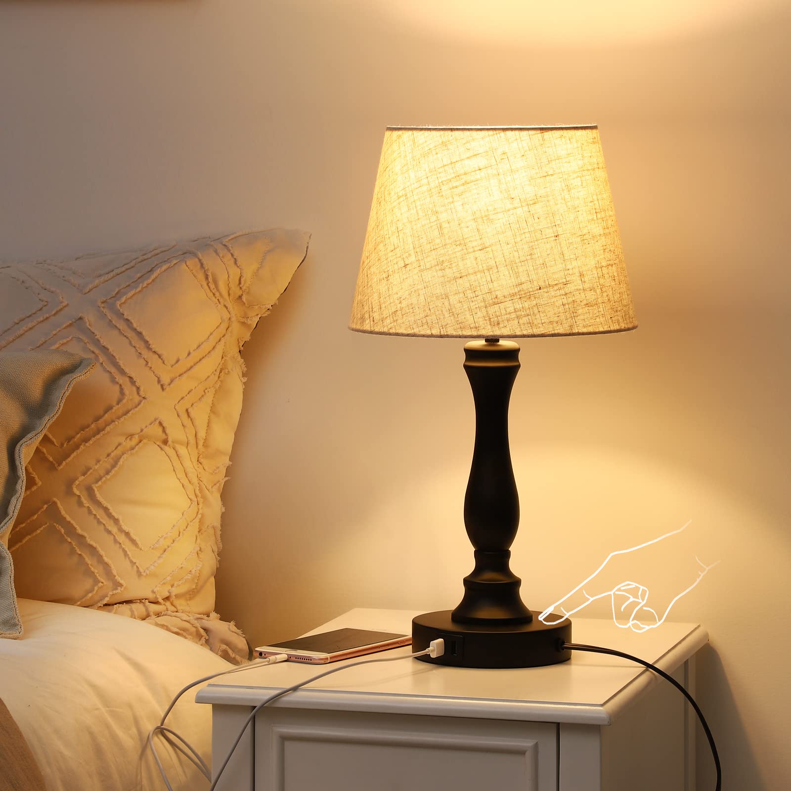 EDISHINE Modern Dimmable Bedside Table Lamp, 3-Way Dimmable Touch Control Desk Lamp with 2 USB Ports, Vintage Rustic Wood Nightstand Lamp for Bedroom, Living Room, Office, LED Bulb Included, 48cm