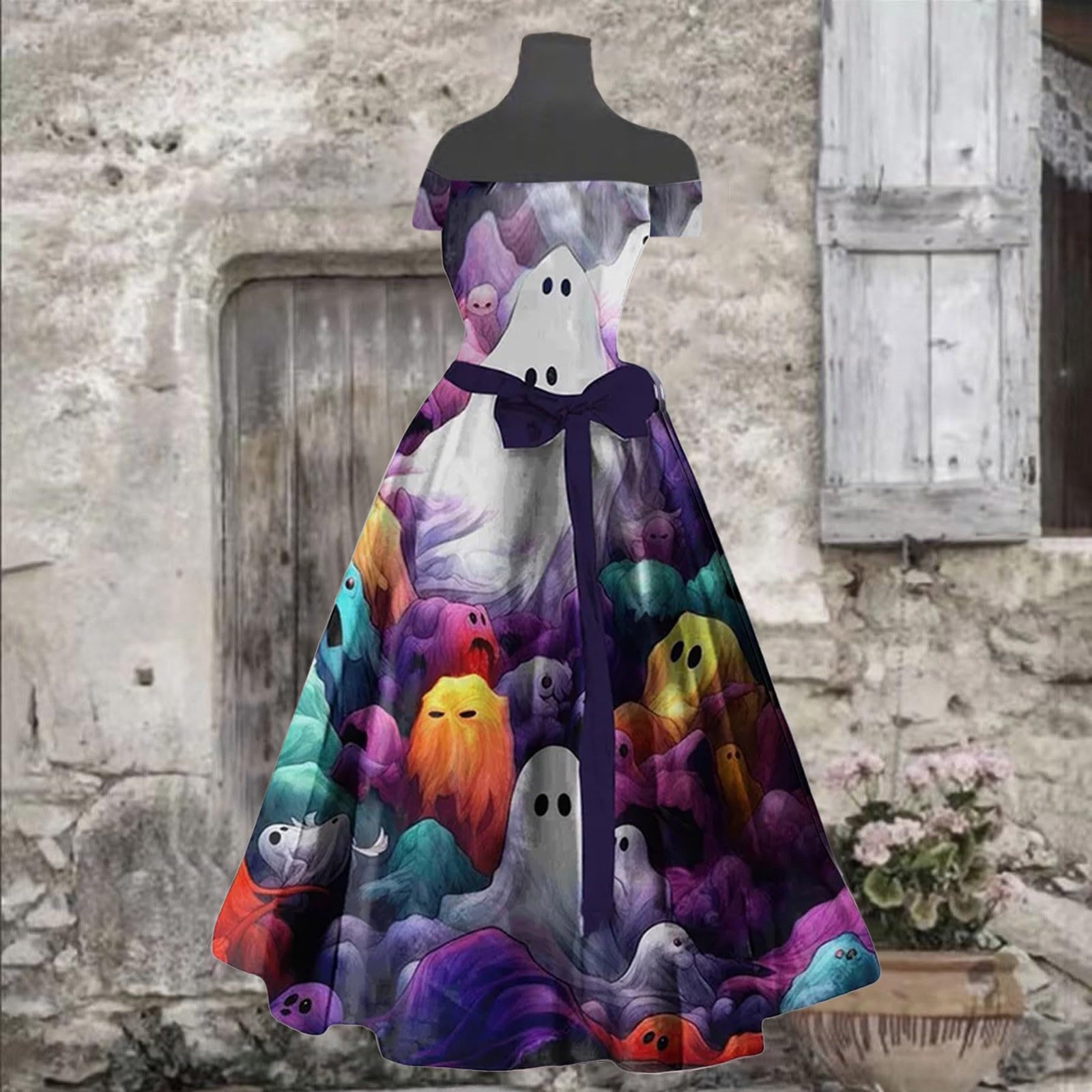 Generisch 2026 - Costume di Halloween da donna, con stampa sanguinata, svasato, senza maniche, abito da cocktail per ospiti di nozze